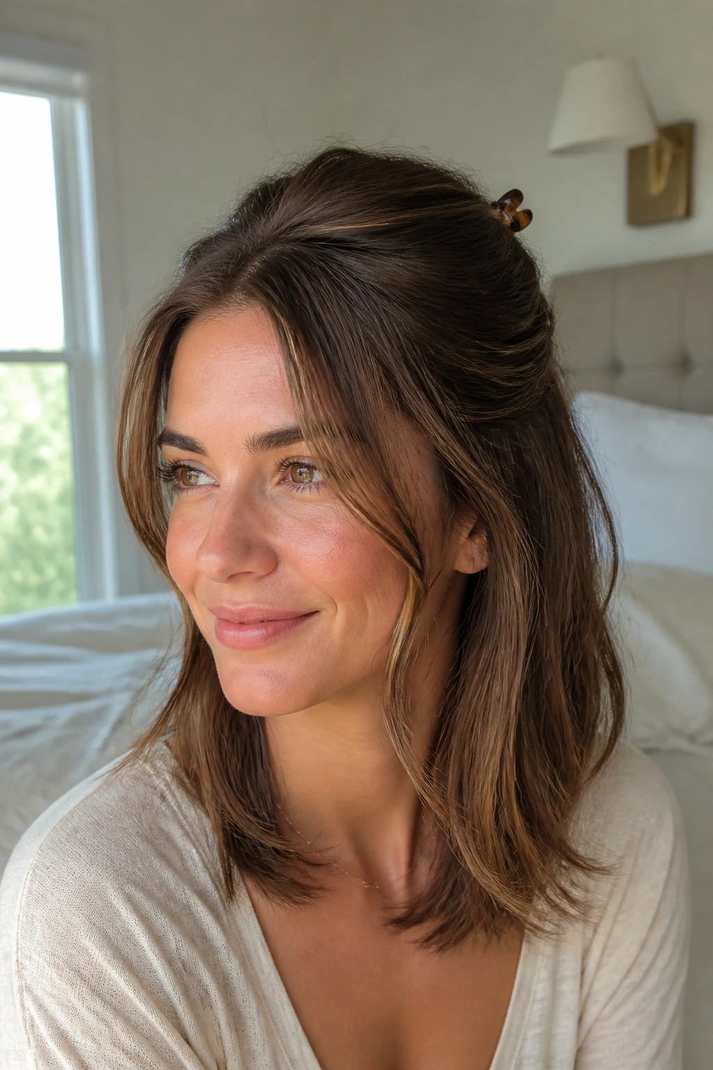 Portrait of a real woman with half-up mid-length layered hairstyle.