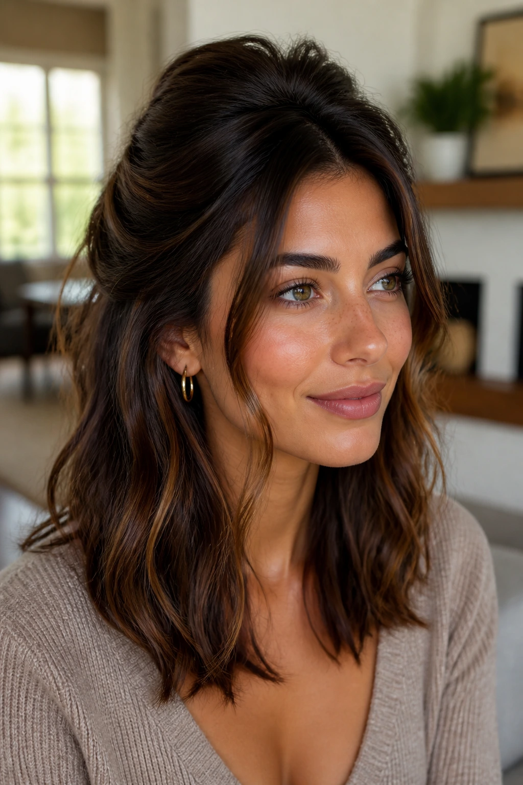 Real woman with half-up mid-length hairstyle and soft volume on olive skin