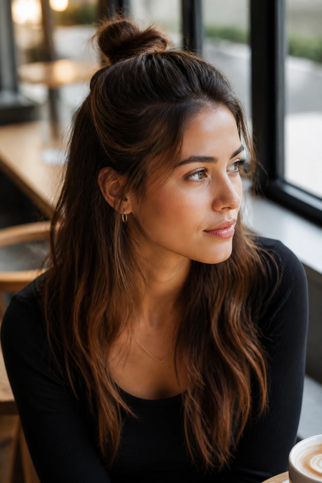 Close-up of a real woman with a half-up plum-sized mini bun and loose length