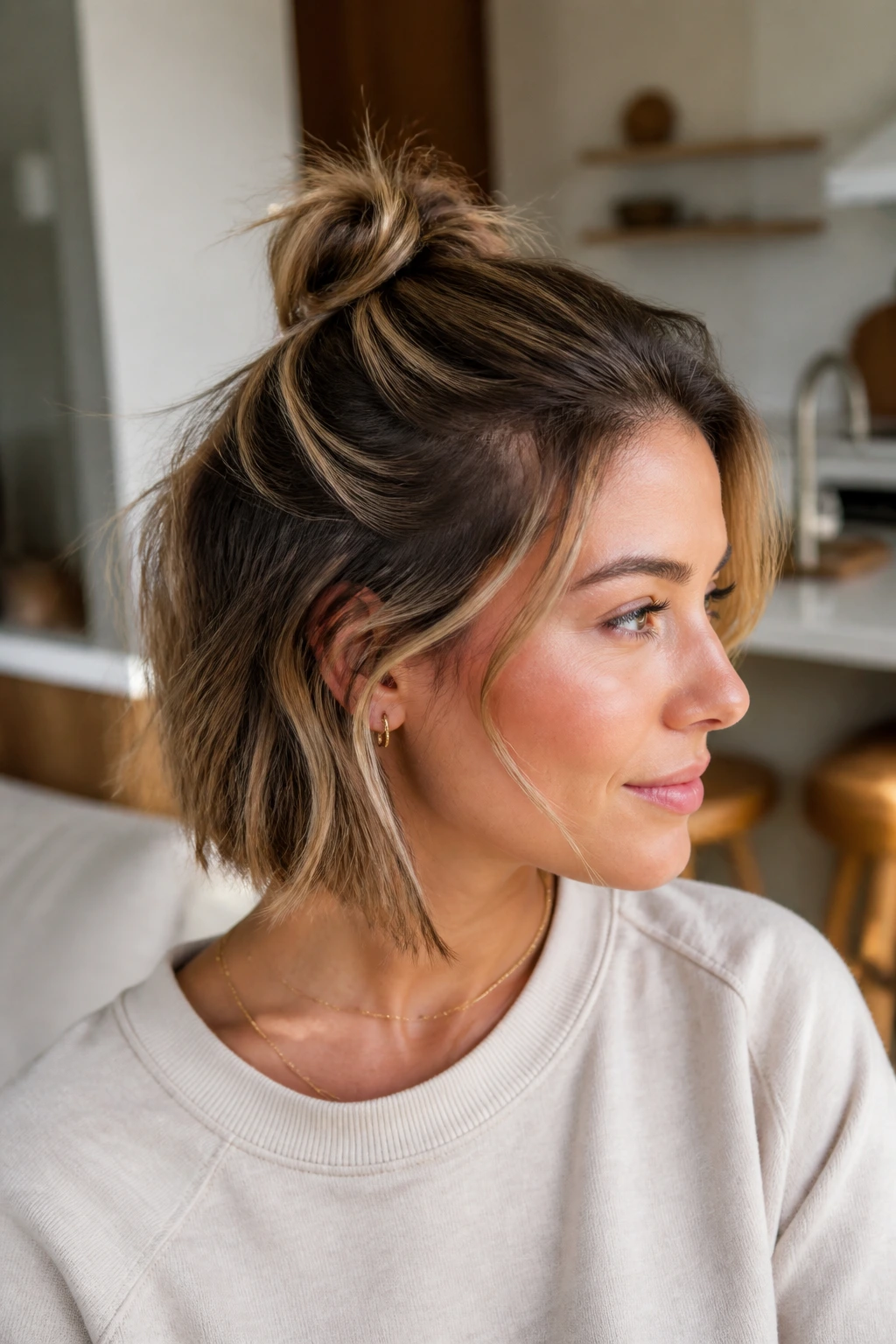 Portrait of a person with half-up mini knot showing lowlights.