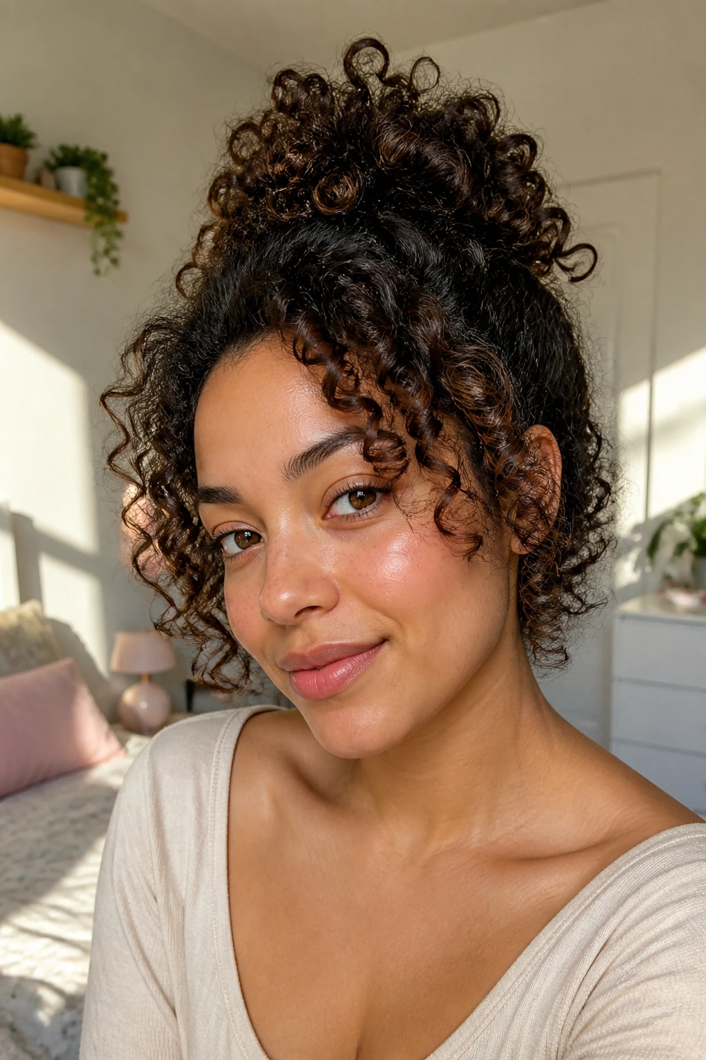 Close-up portrait of a real woman with a half-up mini pineapple in a sunlit bedroom