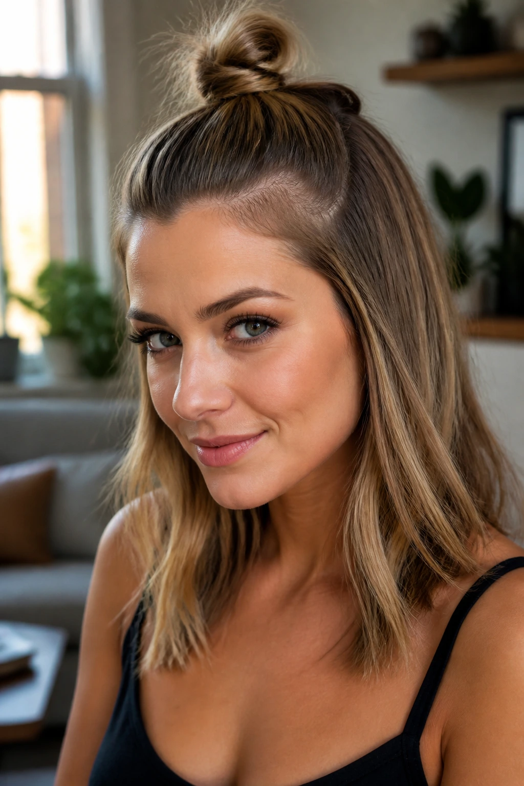 Close-up of a real woman with a half-up mini top knot and flowing hair