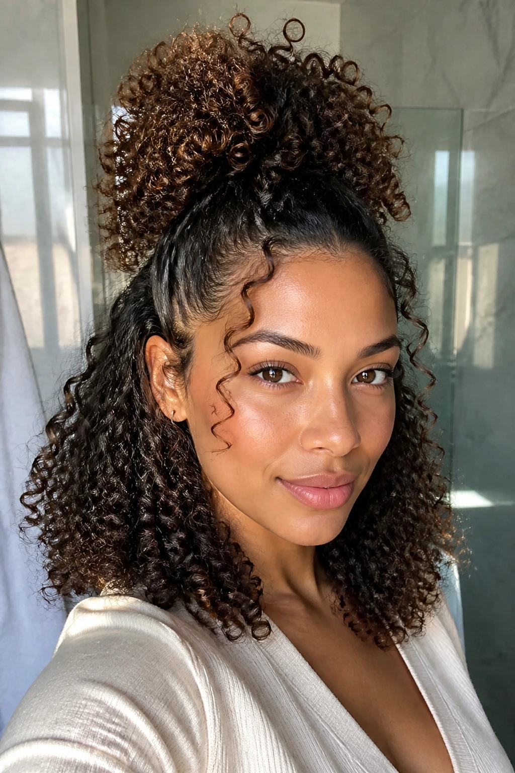 Biracial woman with half-up pineapple ends