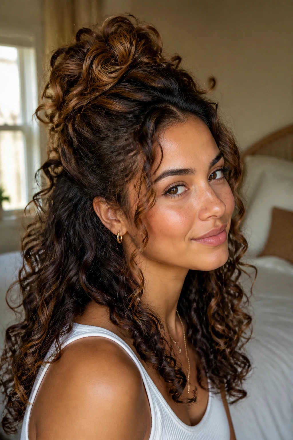 Close-up of a woman with half-up pineapple and dark chocolate panels in soft morning light