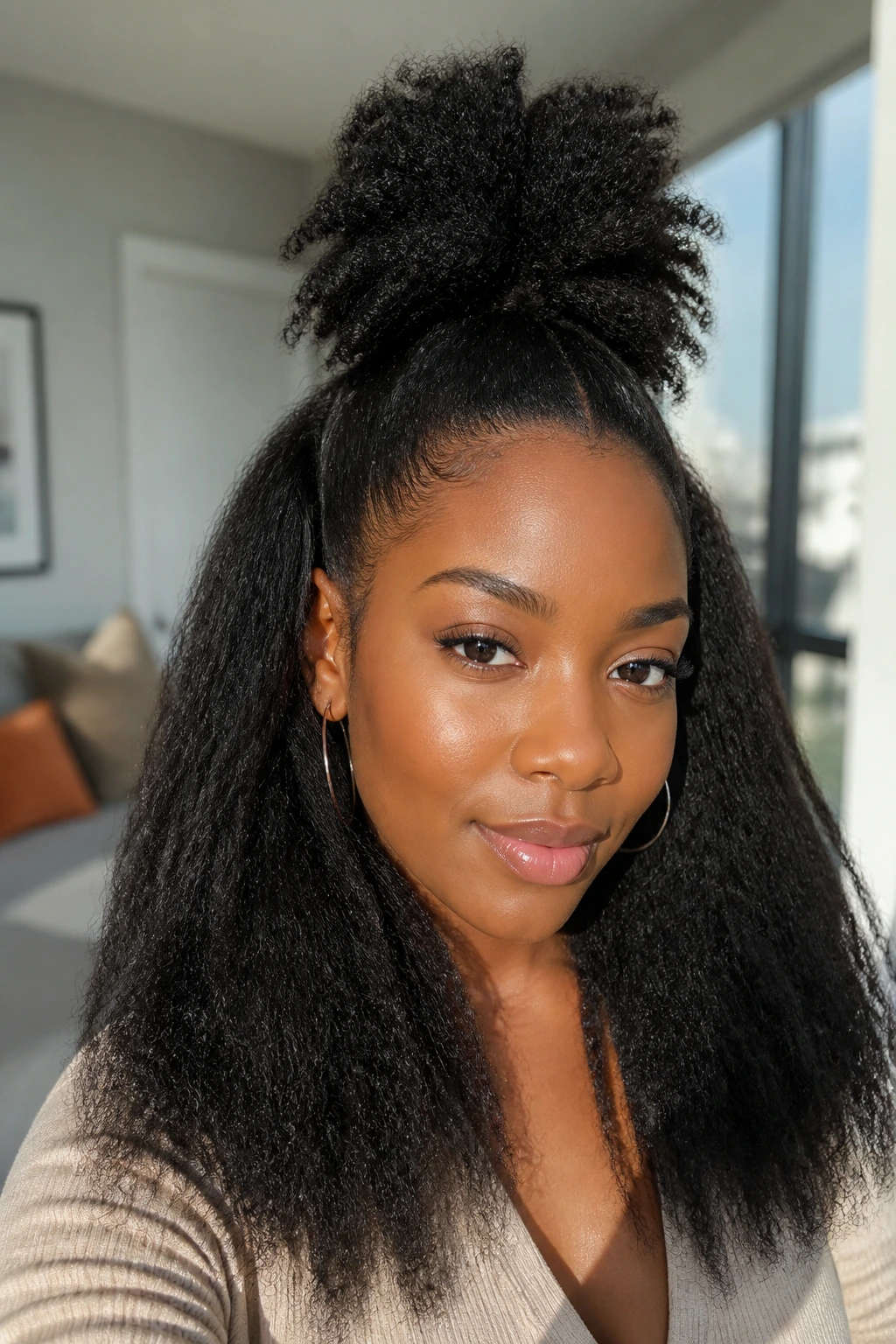 Real woman wearing a half-up pineapple hairstyle with thick hair
