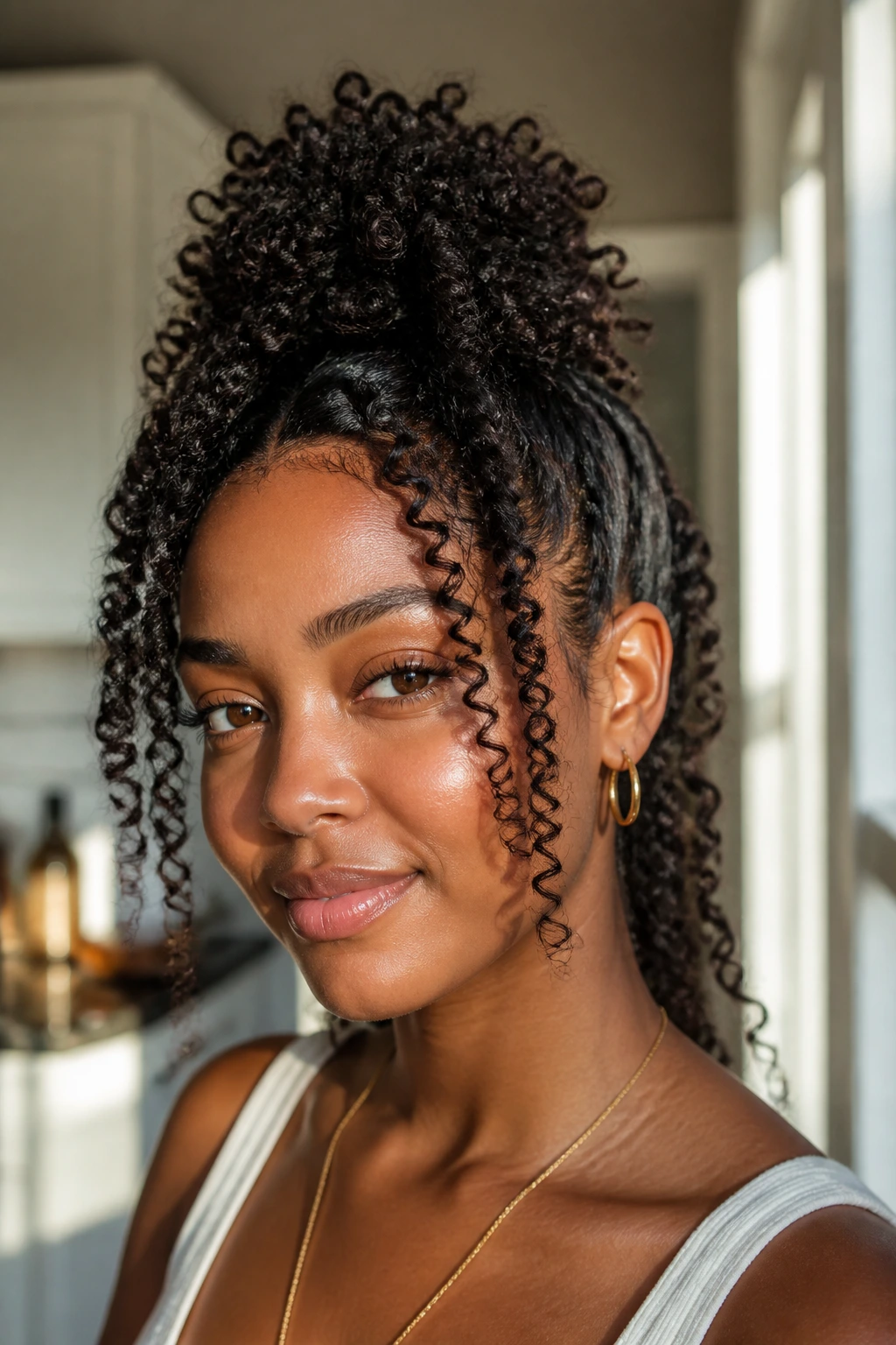 Close-up of a woman with a half-up pineapple and loose front coils in bright kitchen light