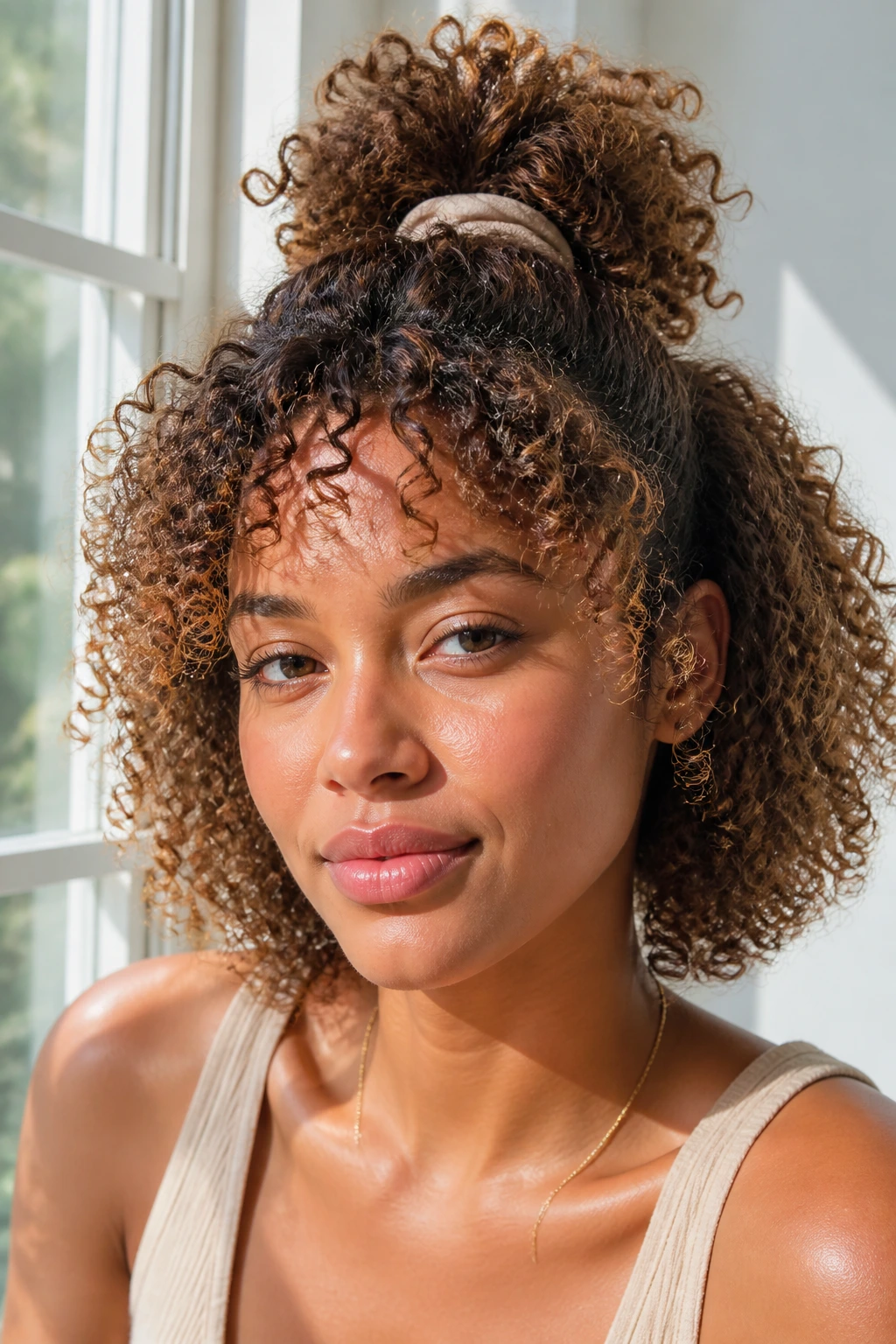 Close-up of a real woman wearing a half-up pineapple puff