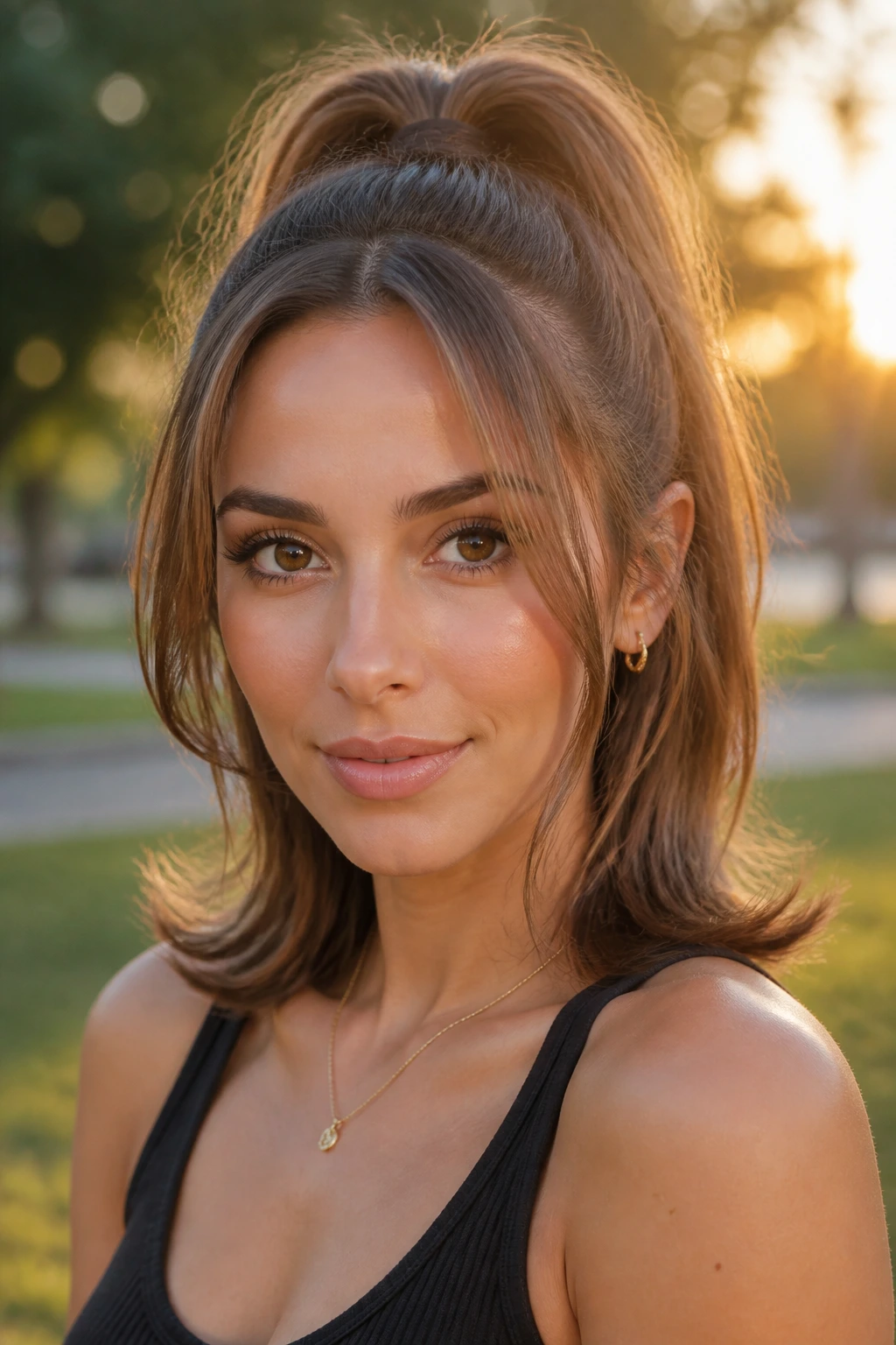 Close-up portrait of real woman with half-up high pony and bent ends