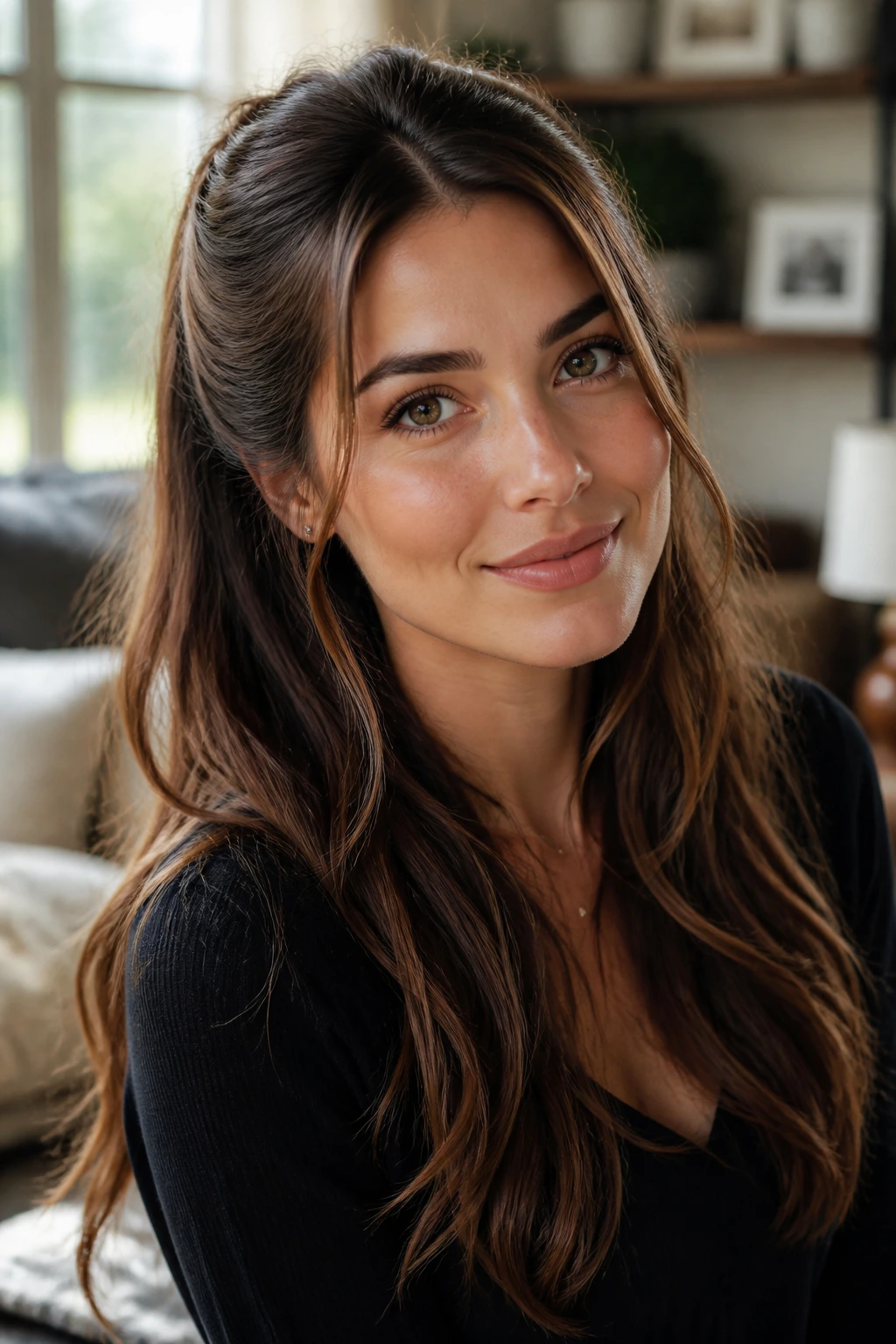 Close-up portrait of a woman with a half-up ponytail cascade and long layered hair