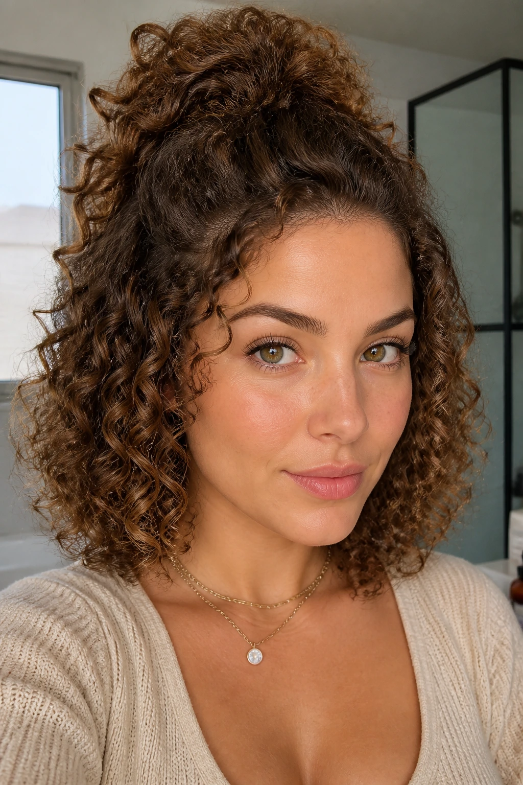 Close-up portrait of a real woman with a high half-up curly ponytail.