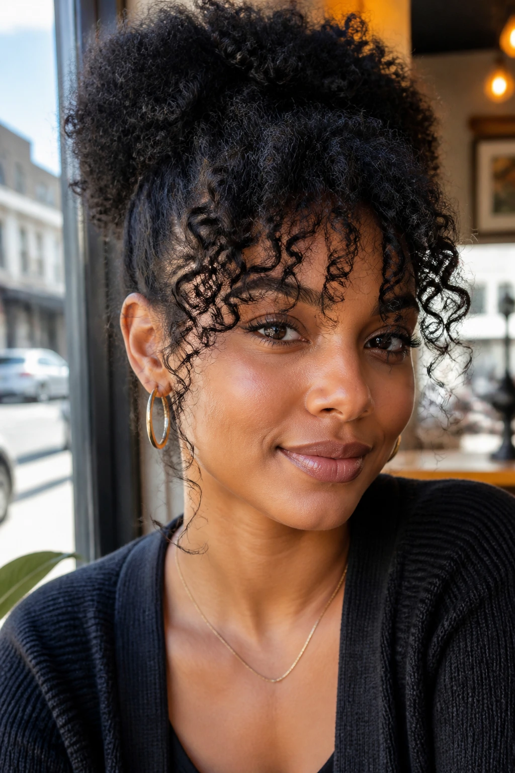 Close-up of a real person with half-up puff and loose curly bangs at a cafe window.