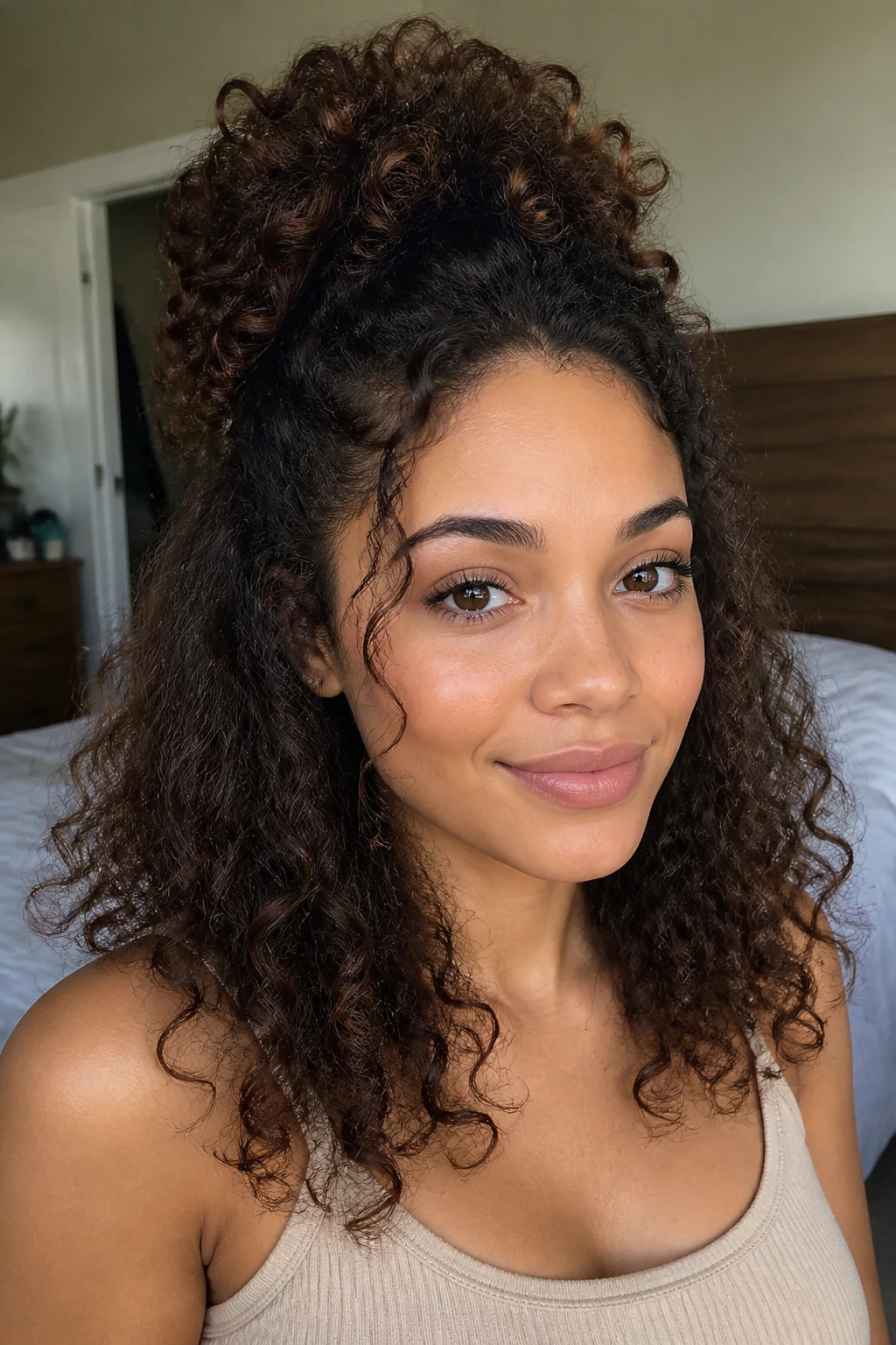 Close-up of a real person with a half-up puff hairstyle and loose curls.