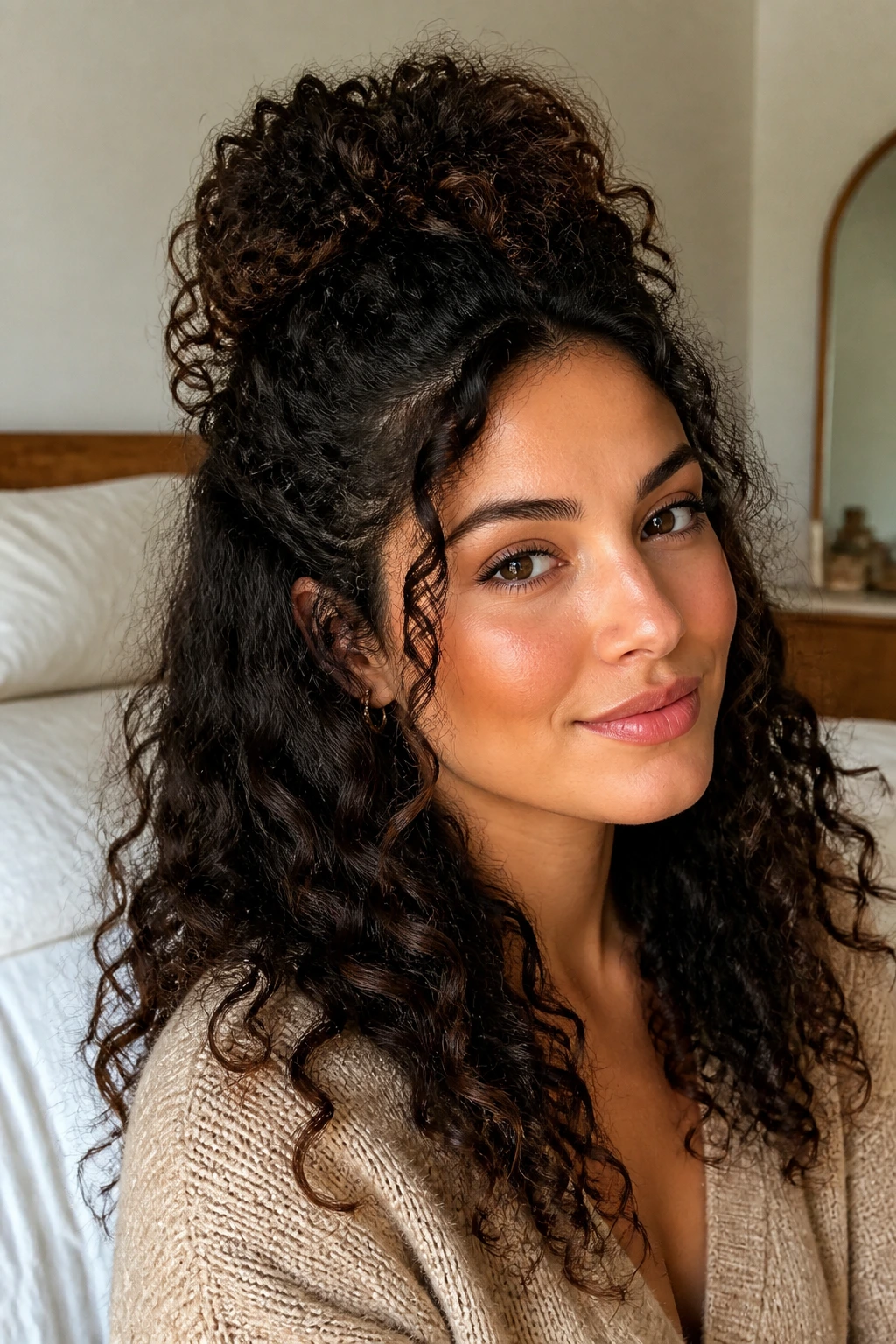 Close-up of a real woman with a half-up puff hairstyle and loose curls in a cozy bedroom.