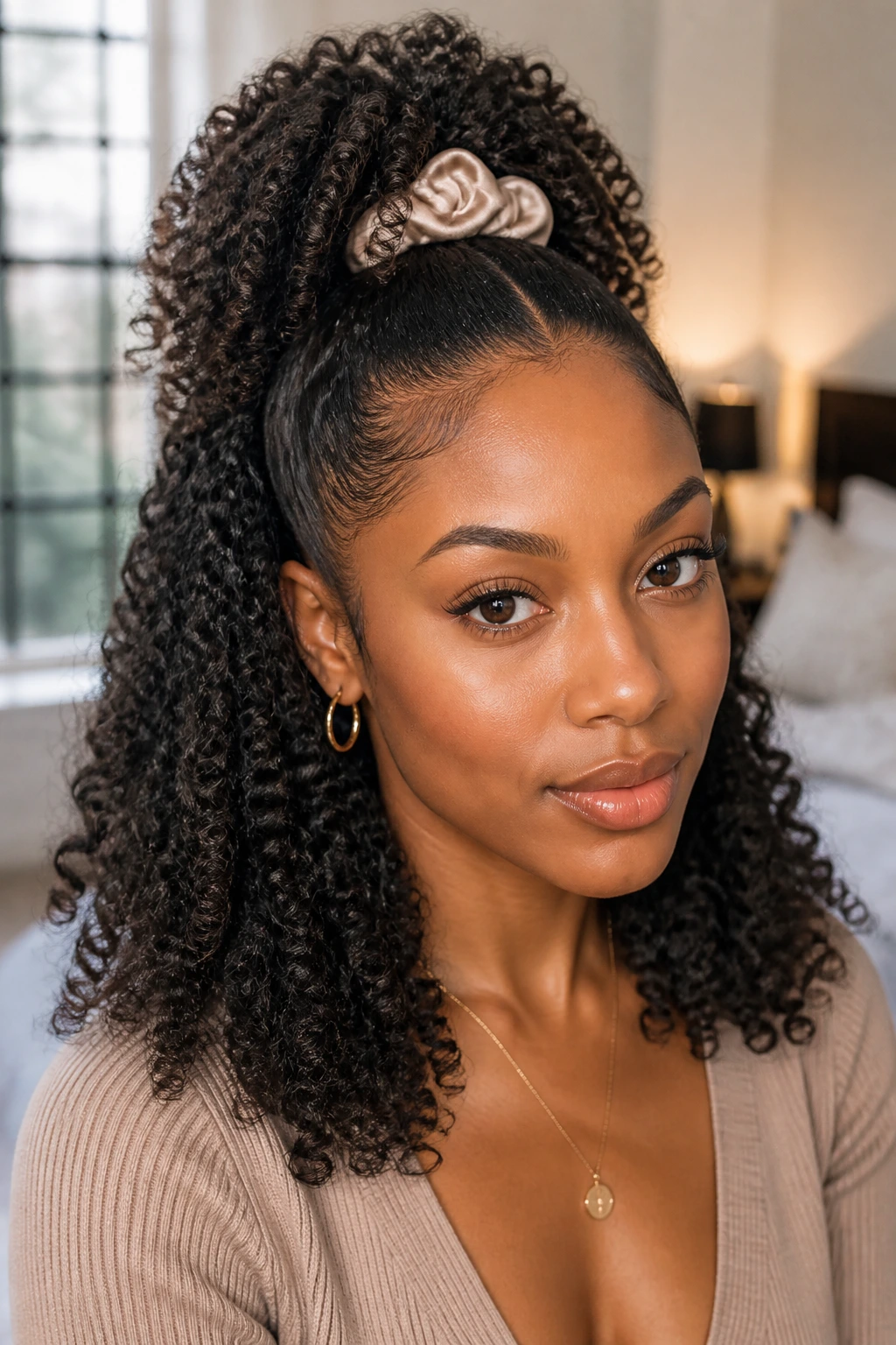 Close-up of real woman with half-up puff and cascading ends in warm window light