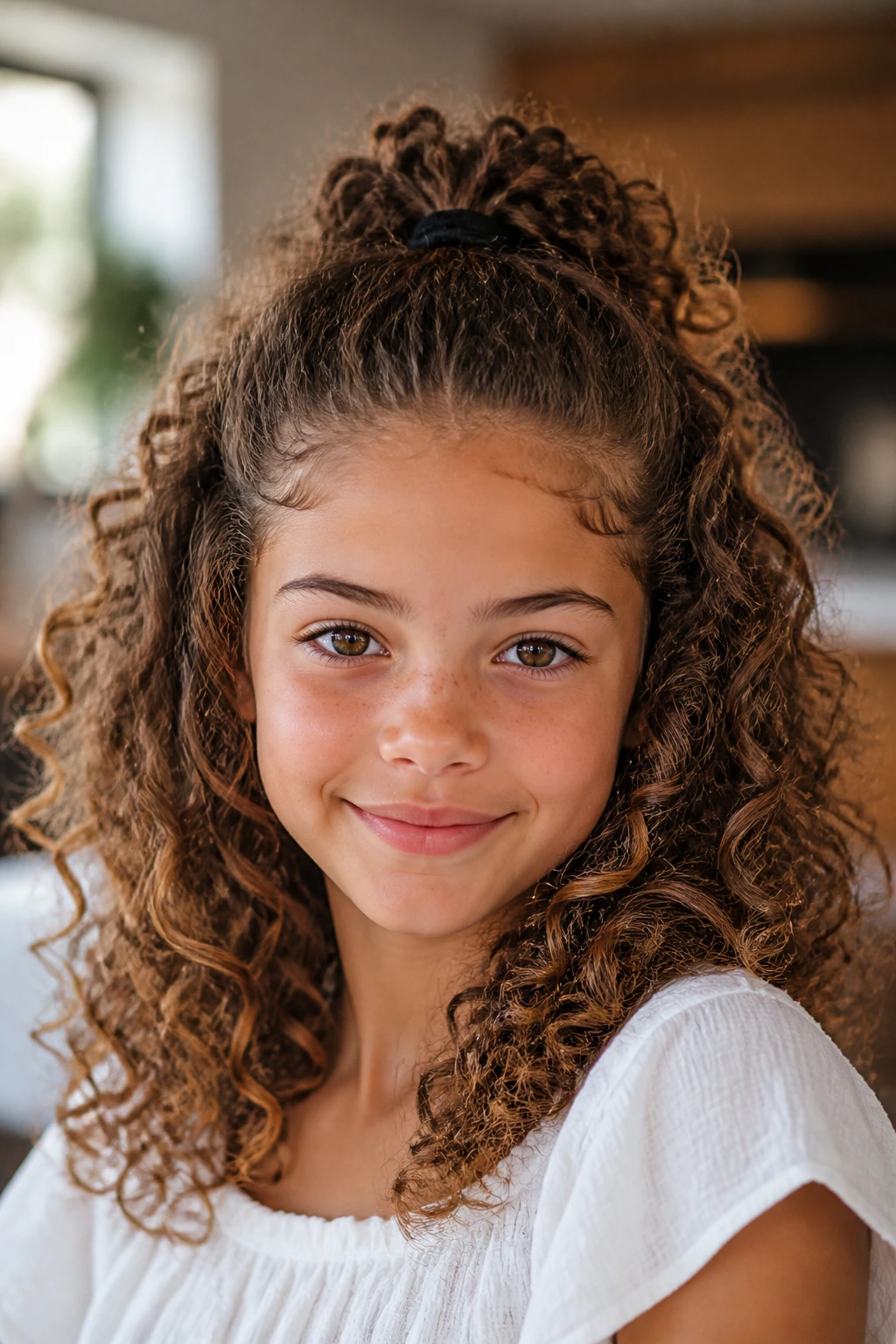 Girl with shoulder-length curly hair in a half-up puff hairstyle, hair gathered at the crown.
