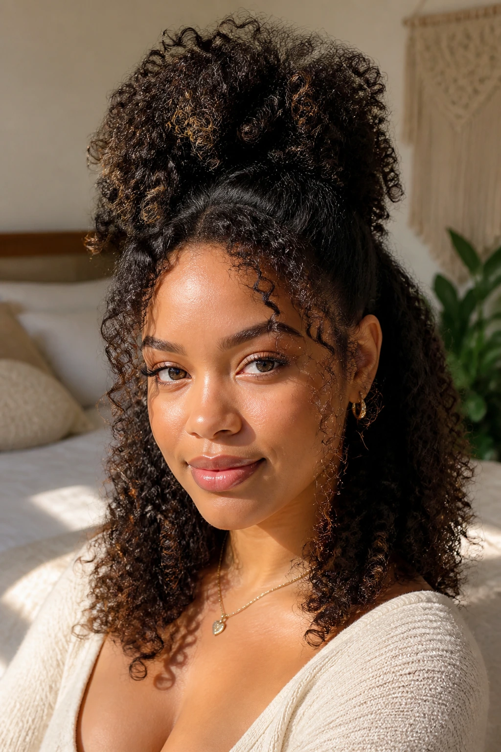 Real person with half-up puff and loose length framing the face