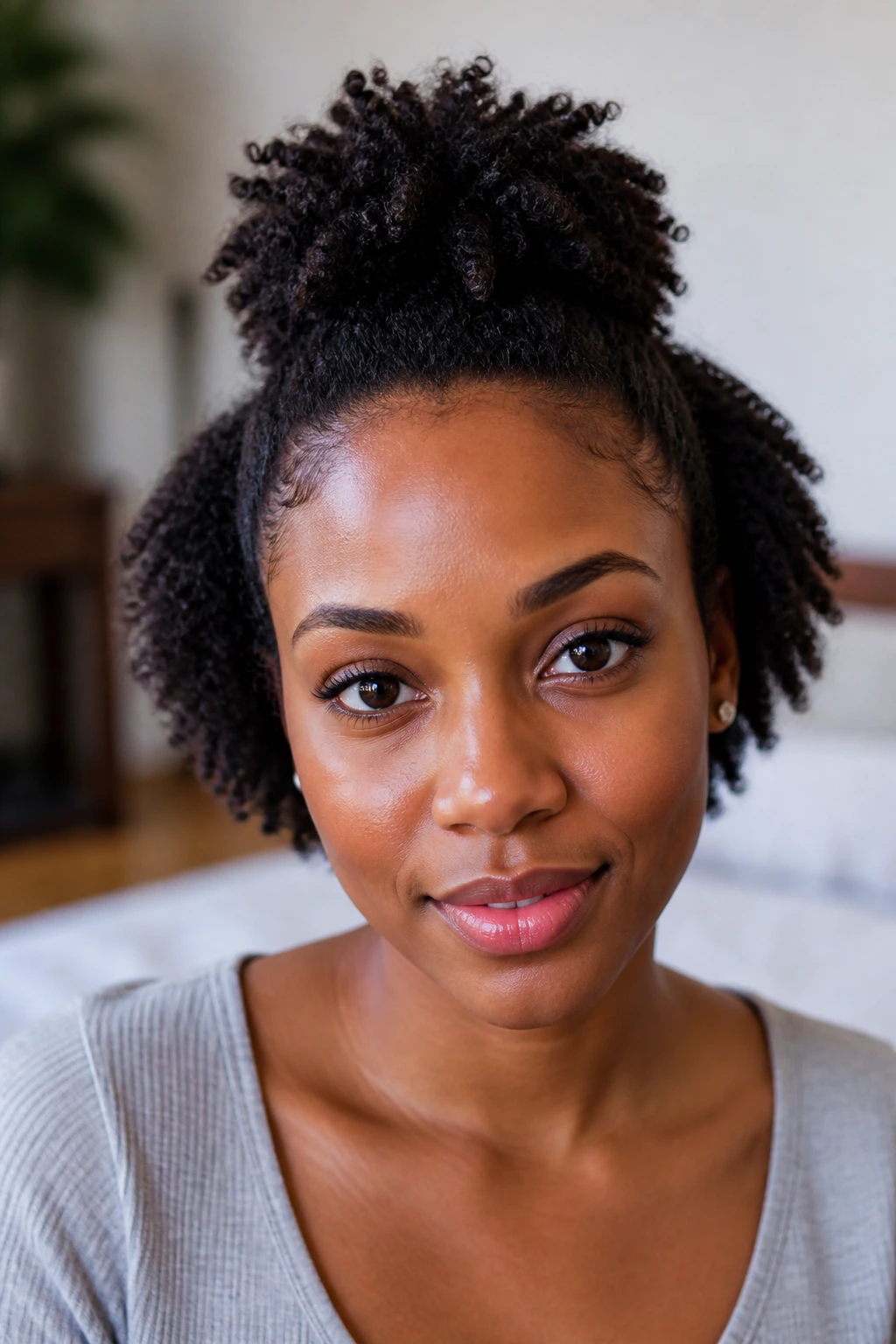 Portrait of a real person with half-up puff on short coils.