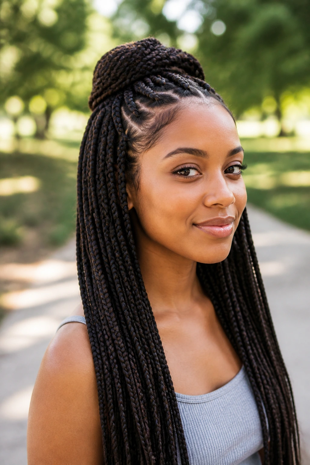 Real woman with half-up single braids showing crown lift