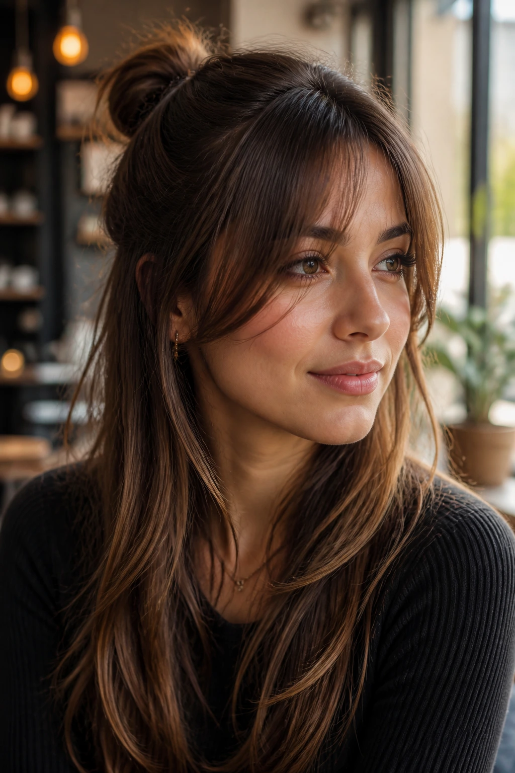 Real woman wearing half-up hairstyle with soft frame around face.