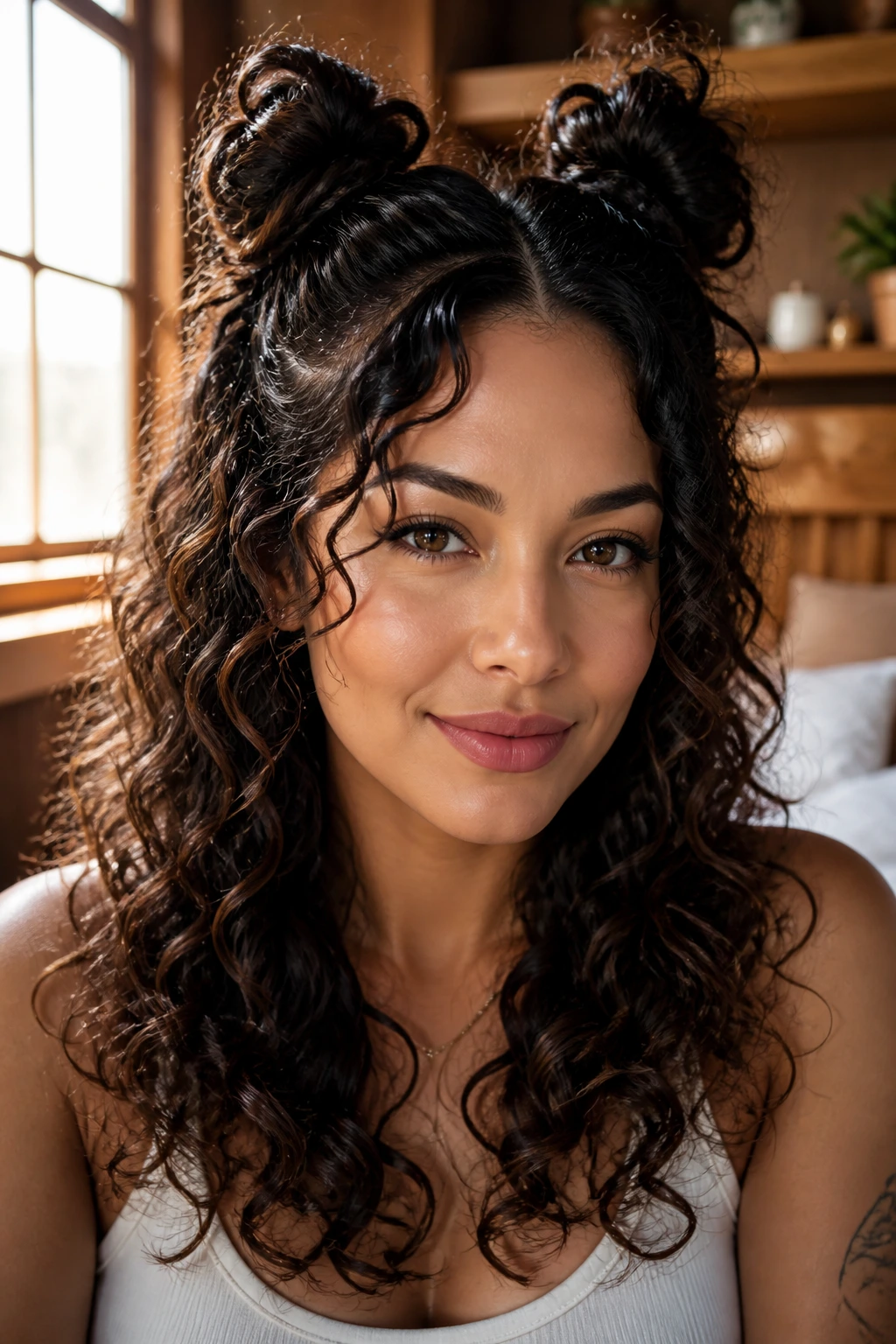 Close-up of a real woman wearing two small space buns in a sunlit bedroom.