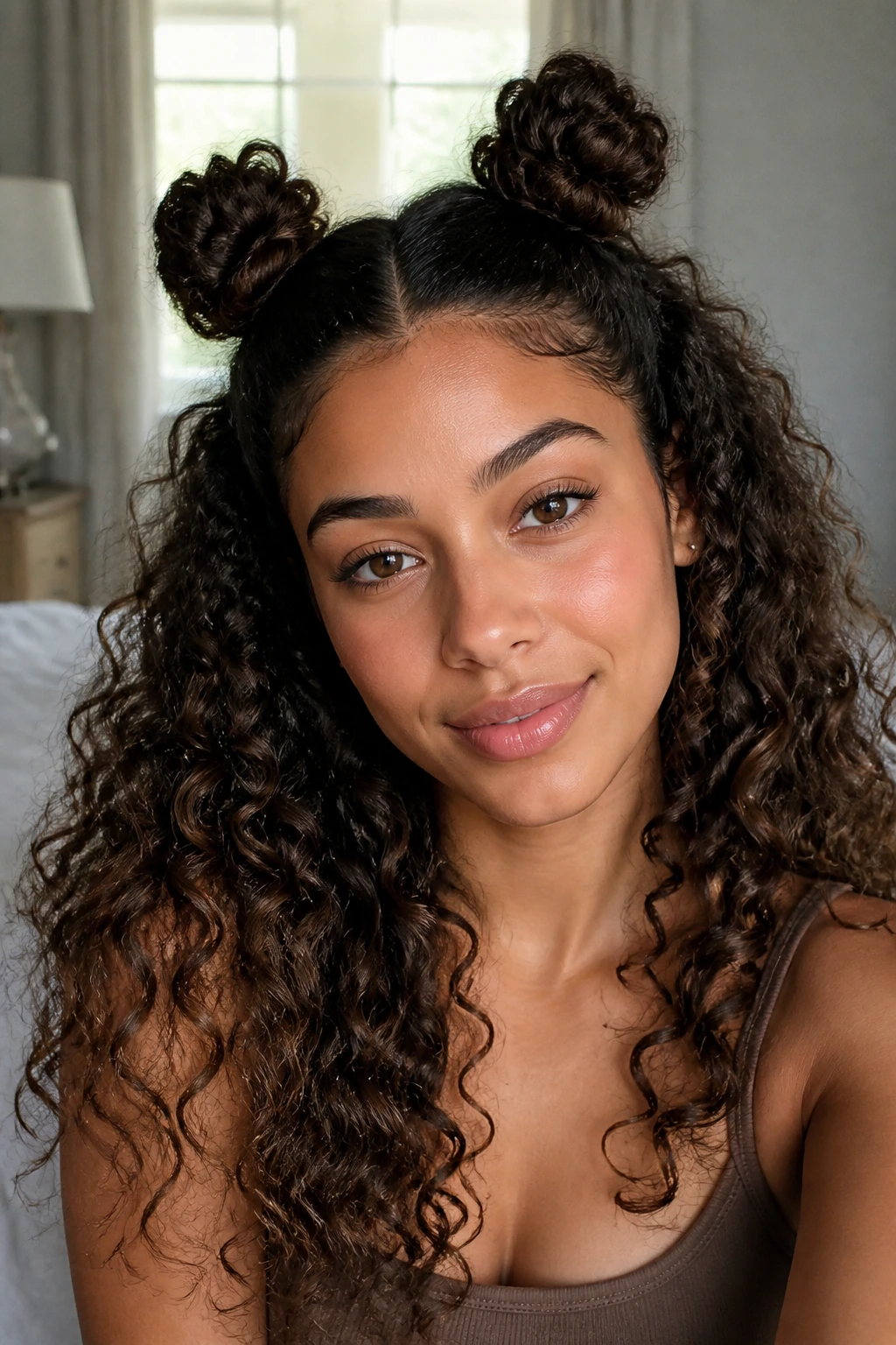 Close-up portrait of a real woman with half-up space buns and loose curls.