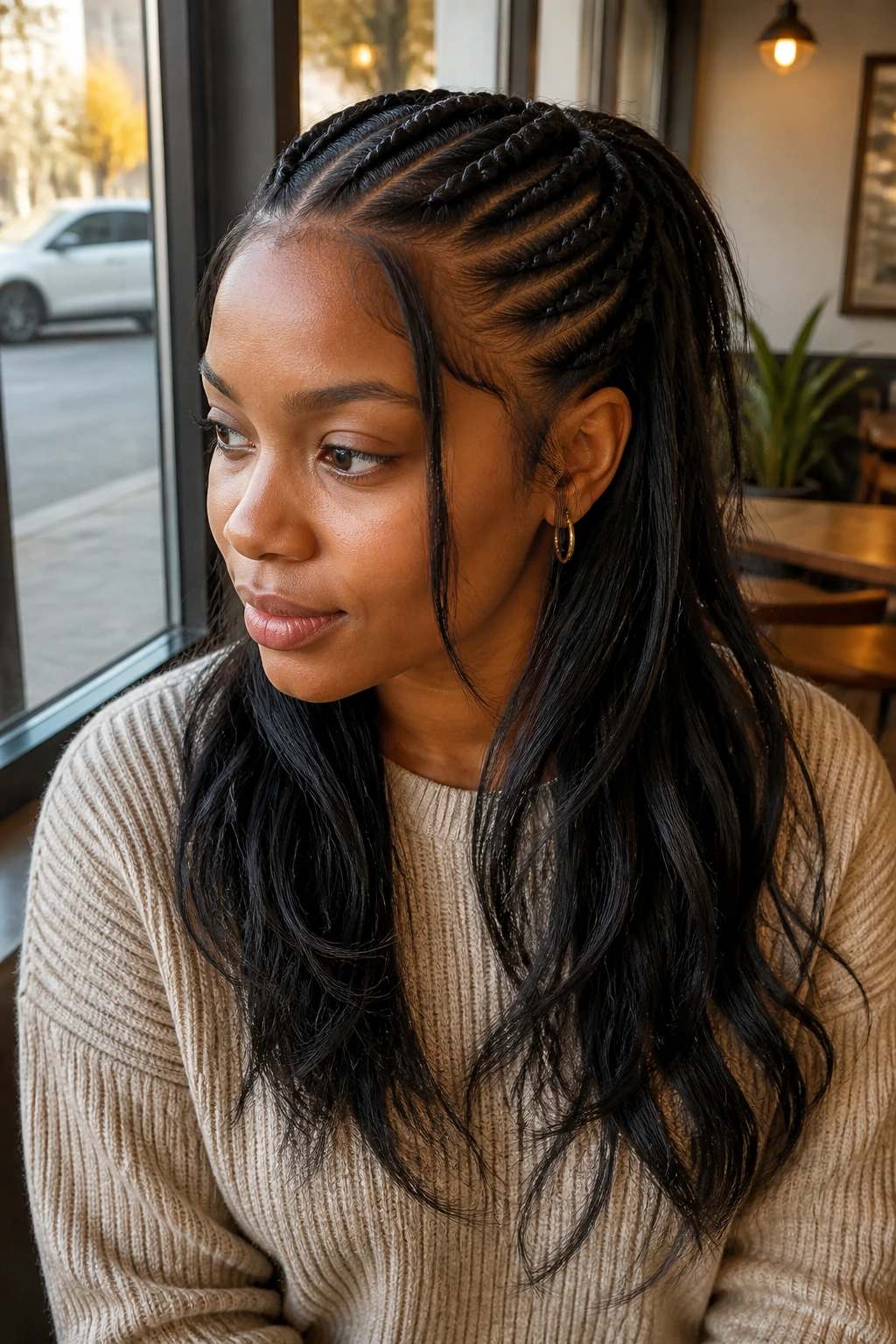Medium close-up of a real woman with half-up straight backs and loose length