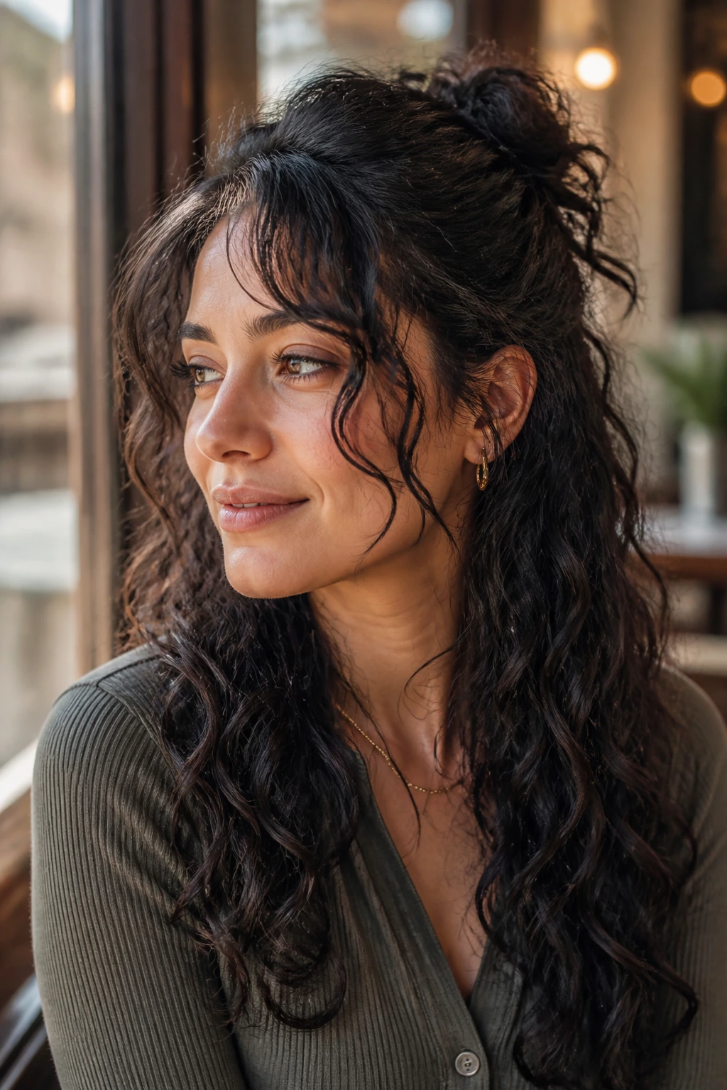 Close-up of a real woman with half-up hairstyle and face-framing tendrils