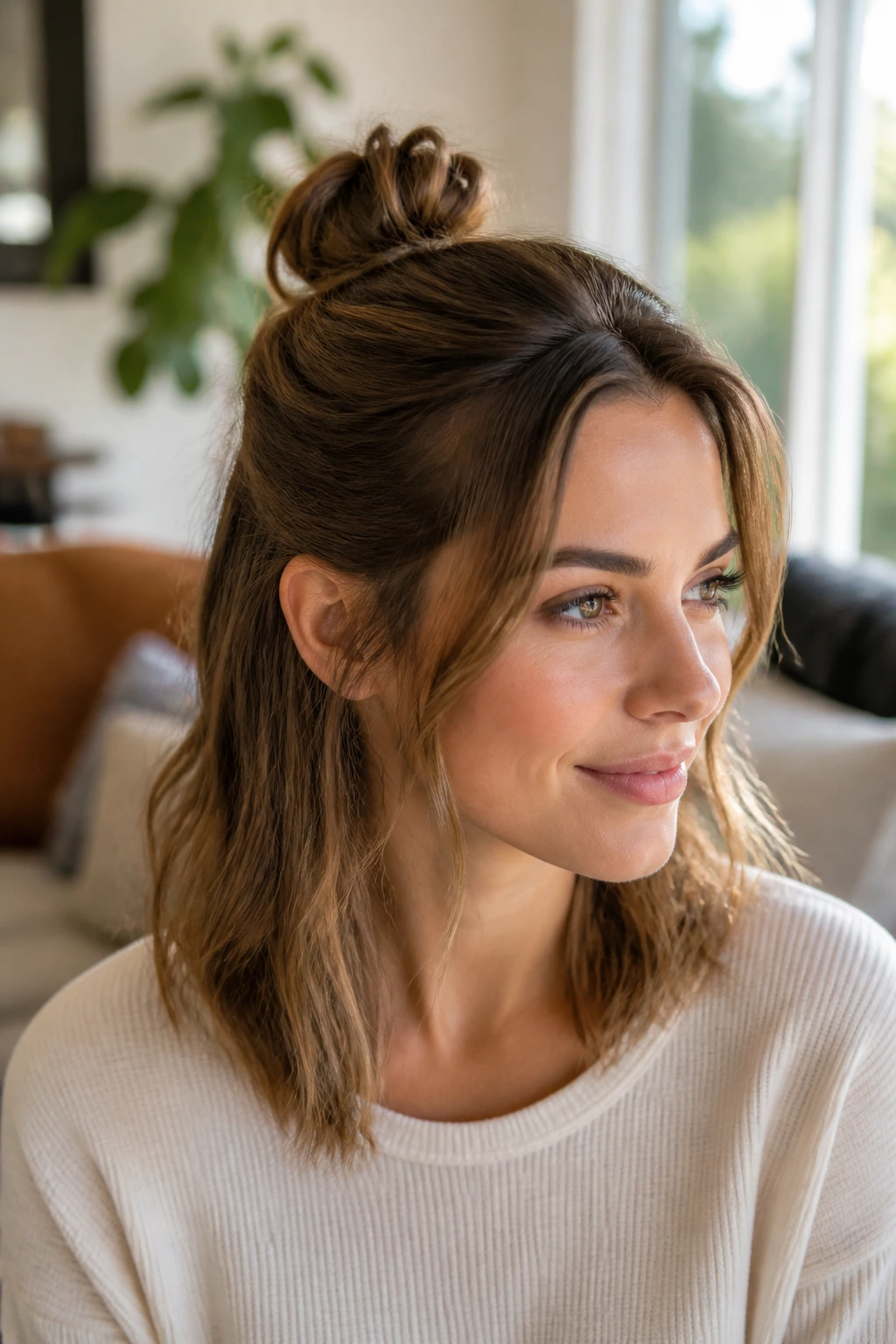 Close-up portrait of a real woman with a half-up top knot hairstyle