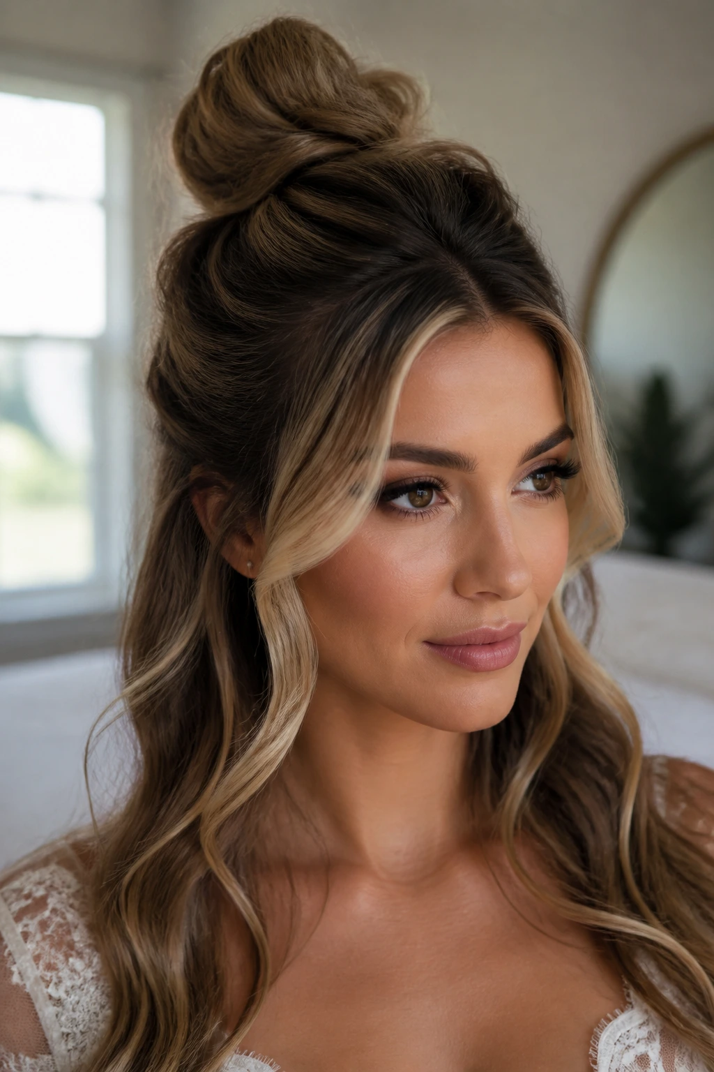 Bride with half-up top knot and flowing hair.