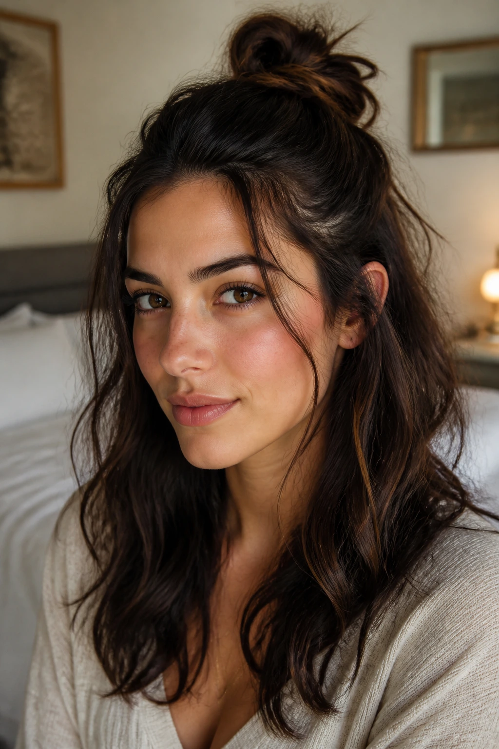 Close-up of brunette with half-up top knot and flowing waves
