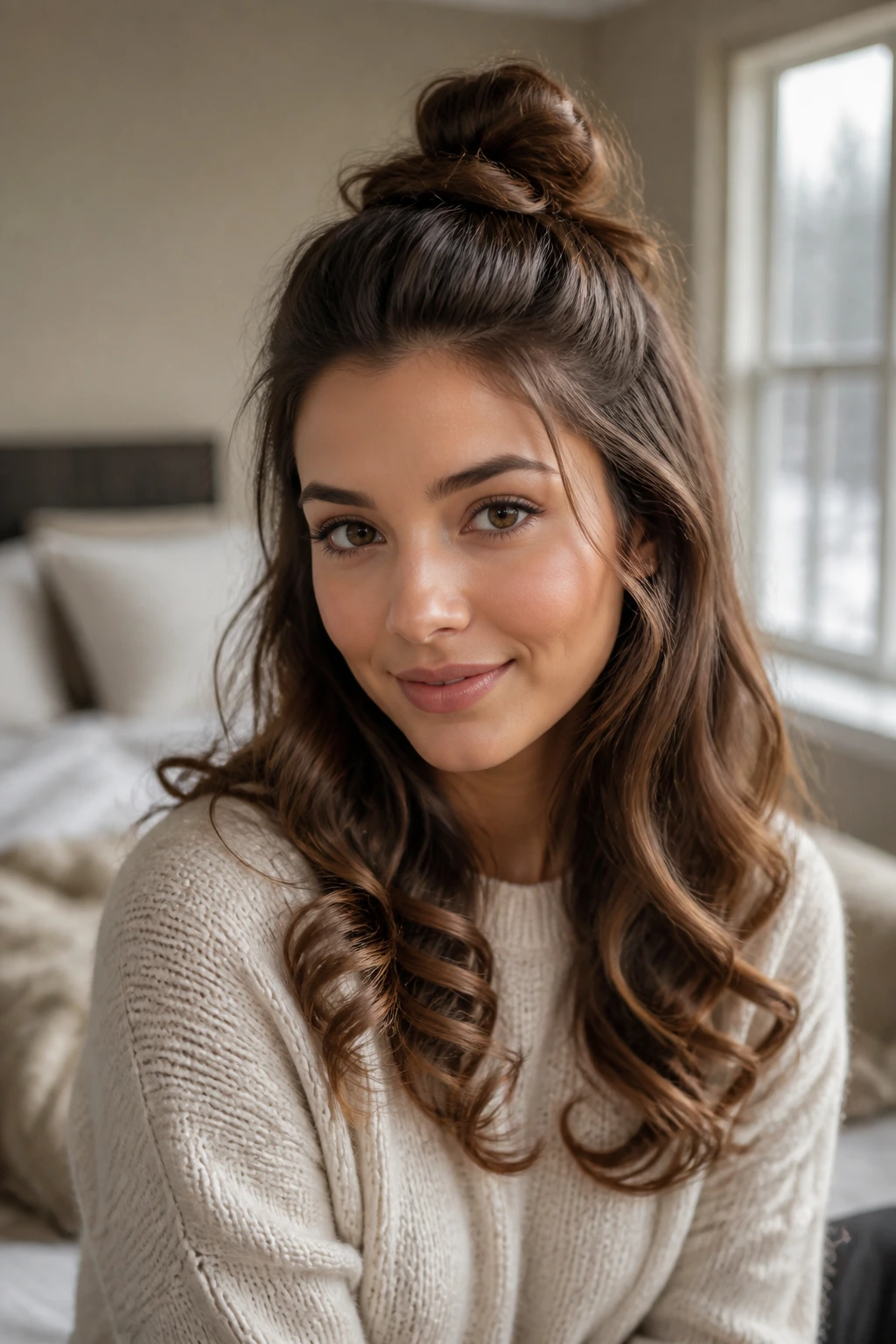 Close-up portrait of a real woman wearing a half-up top knot with curled ends, warm natural light