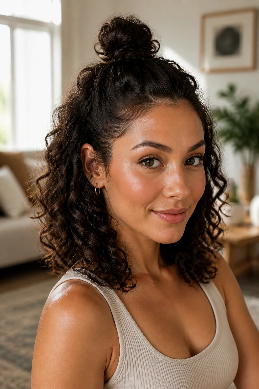Portrait of a real person with a small half-up top knot and loose hair below the cheeks