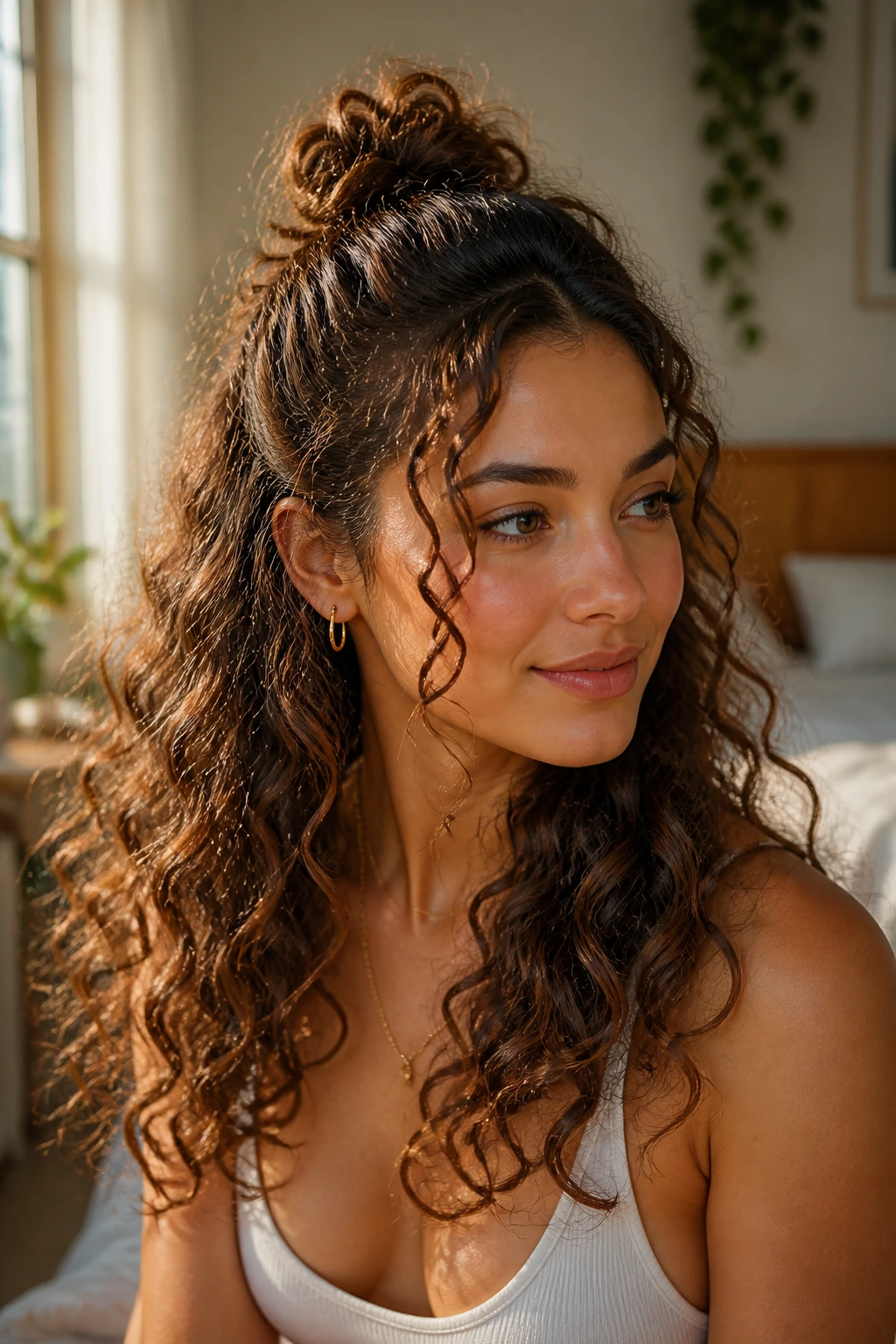 Close-up of a real woman with a loose half-up top knot and beachy curls in warm window light