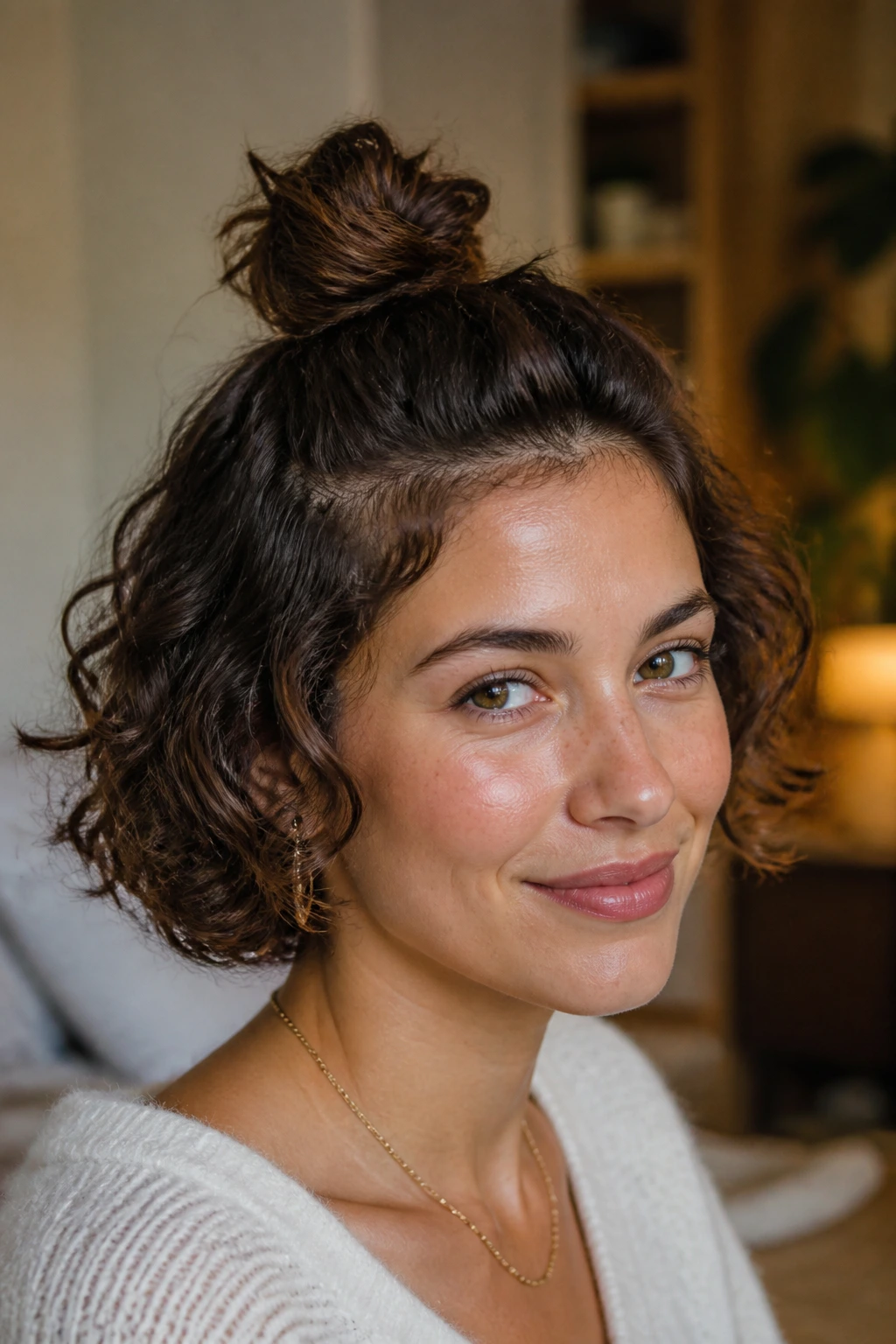 Close-up of a real woman with a half-up mini top knot in short curly hair