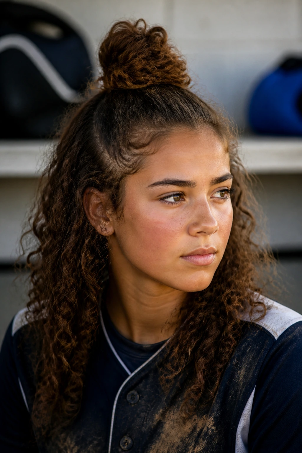 Close-up of a player with a small half-up top knot and loose curls, against a blurred bench background.