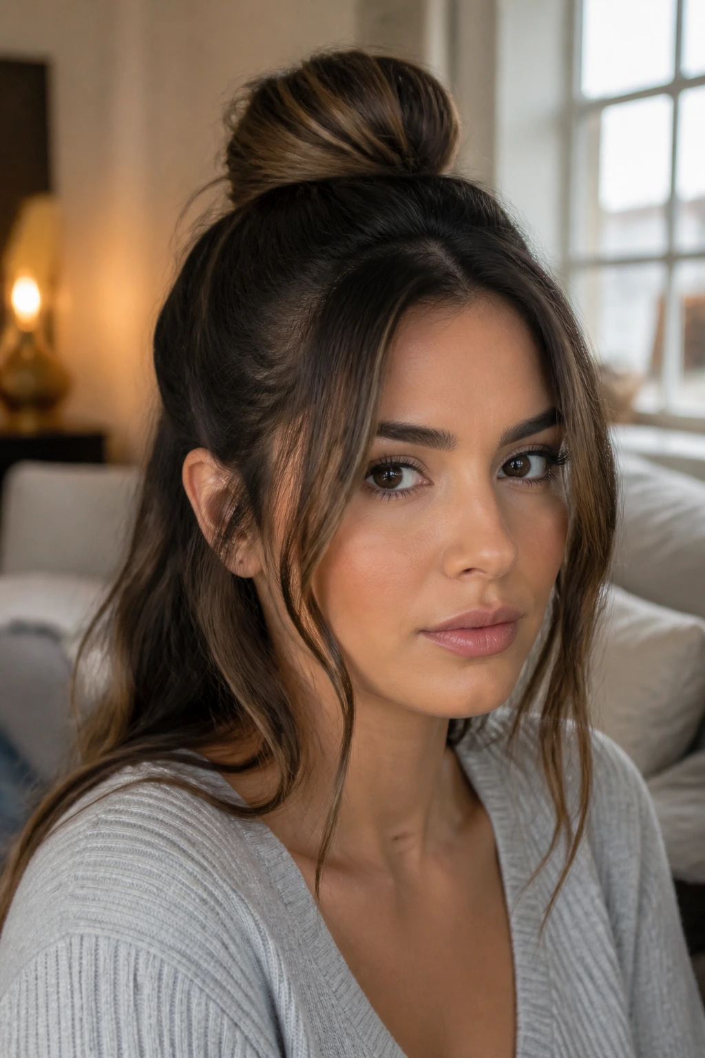 Close-up of a real person with a half-up top knot and soft curtain pieces framing the face.