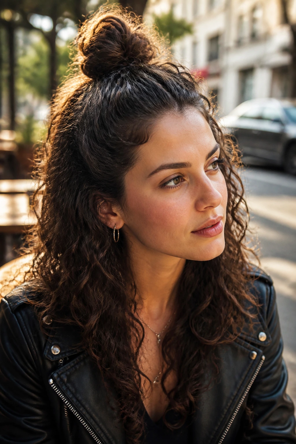 Real woman with half-up top knot and cascading curls in sunny street cafe