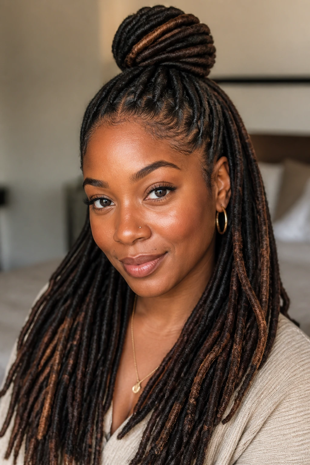 Half-up top knot hairstyle on a real person.