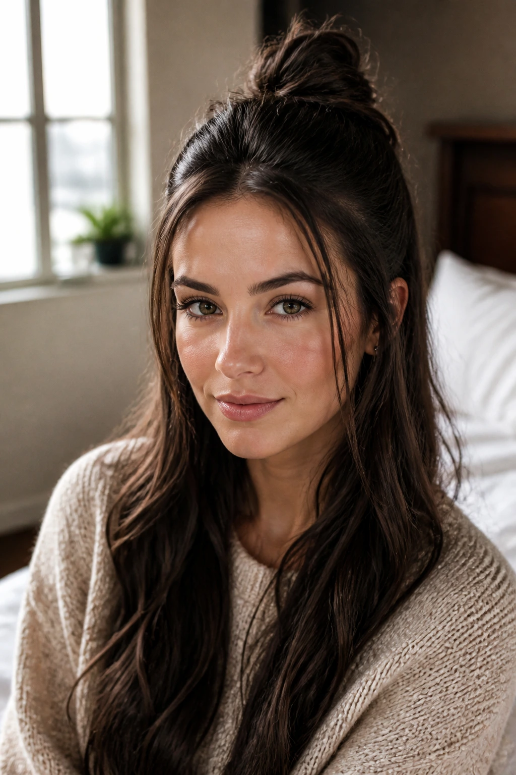 Close-up of a real woman with a half-up top knot and loose length