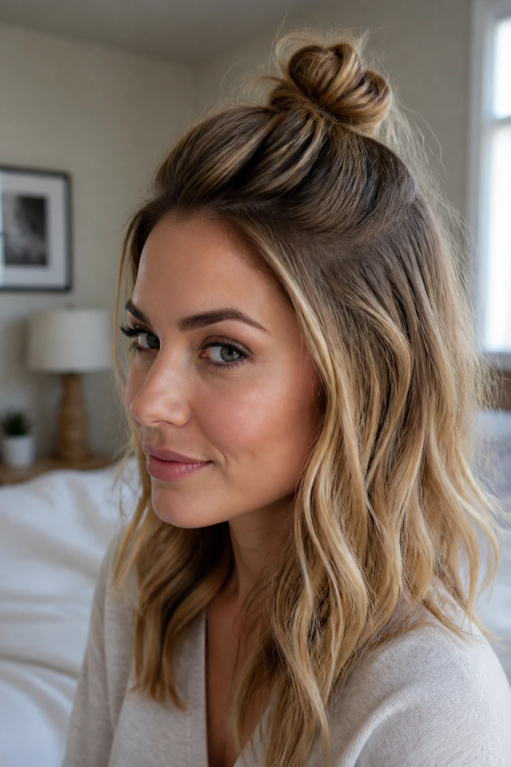 Close-up of a real woman with a half-up mini top knot hairstyle.