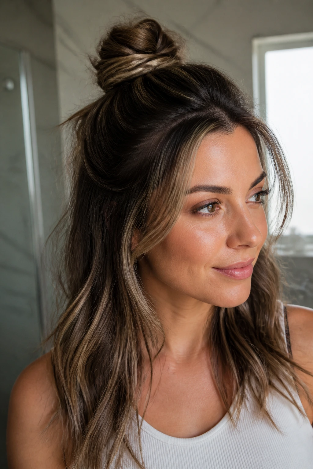 Close-up of a real woman with a half-up top knot and loose lower hair