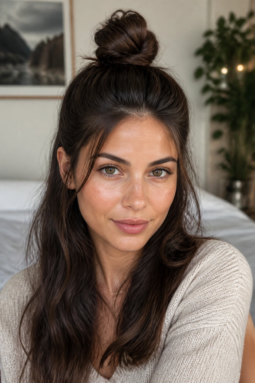 Portrait of a woman with a half-up top knot keeping hair off the face