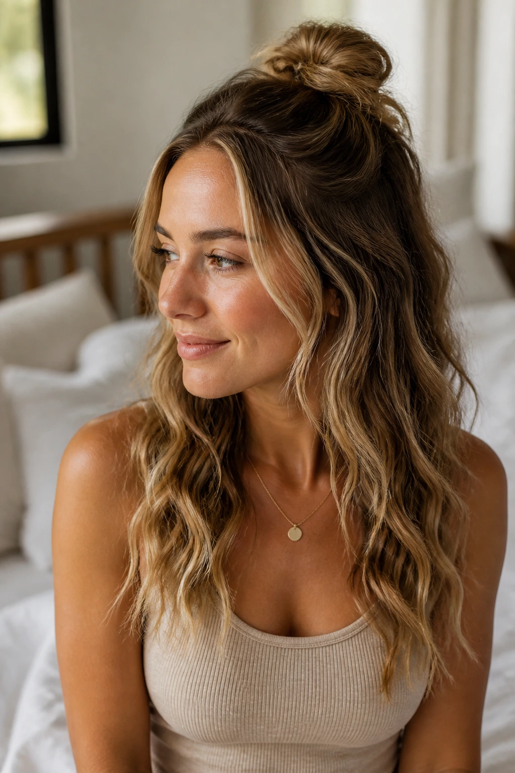 Portrait of a real person with a half-up top knot and loose soft ends