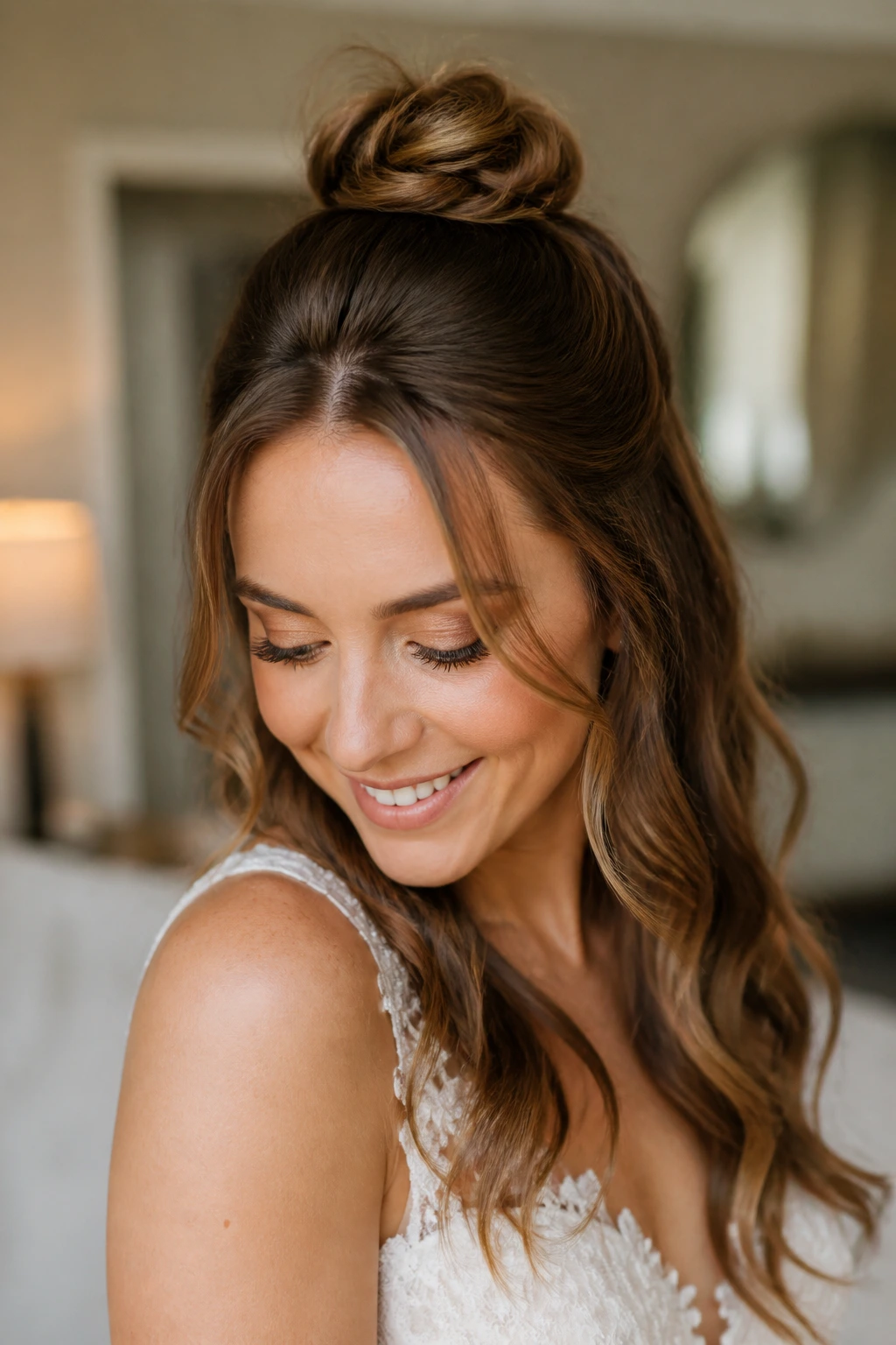 Close-up of a real bride with a small crown top knot and soft waves