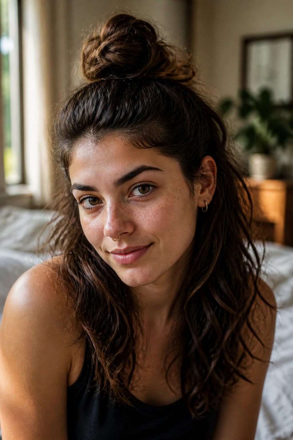 Close-up of a real person wearing a half-up top knot hairstyle