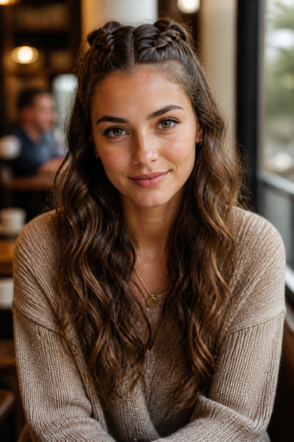 Portrait of a real woman with half-up twin braids and loose waves