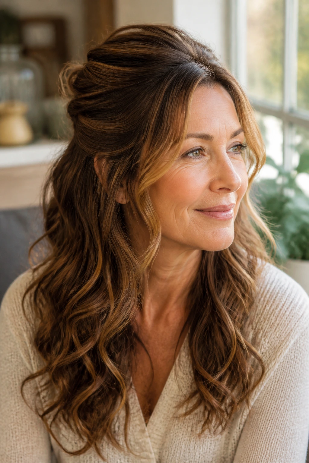 Close-up of a real woman with a half-up twist in bright window light