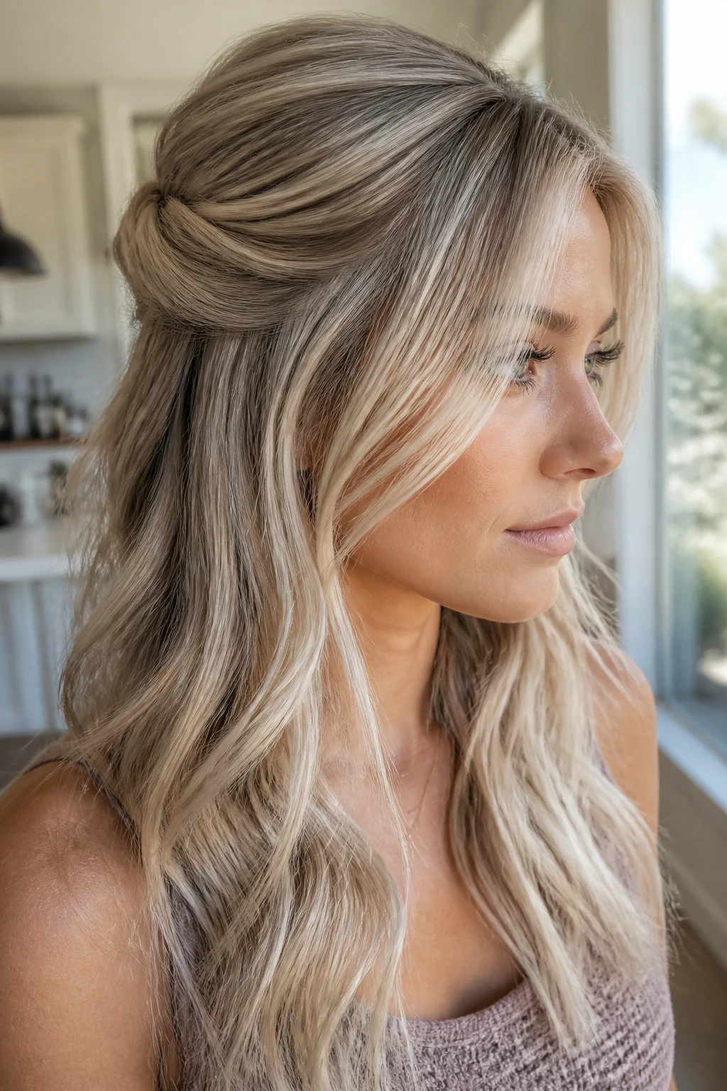 Close-up portrait of a real woman with a frosted ash half-up twist