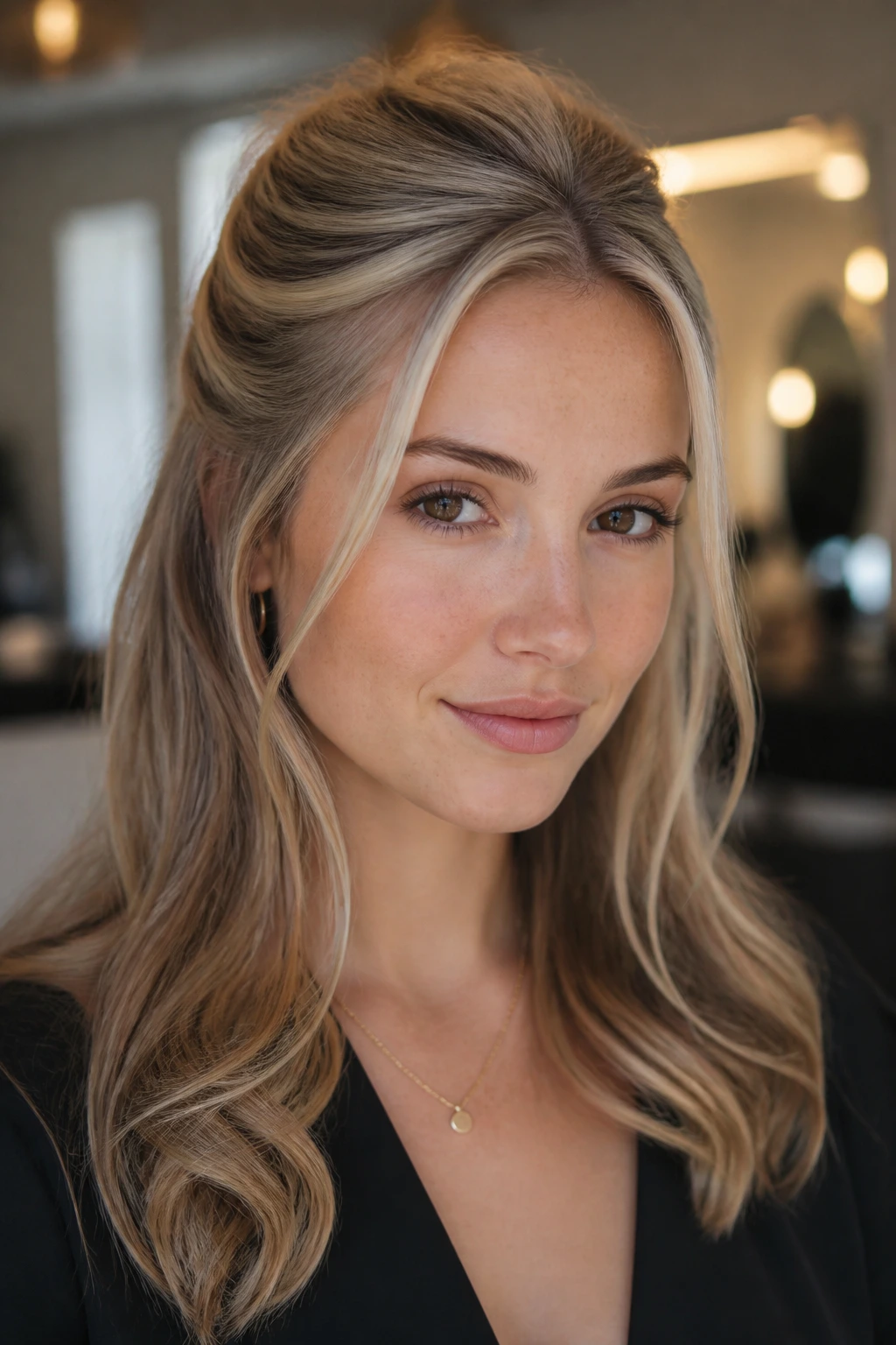Portrait of a woman with a half-up twist and baby blonde highlights