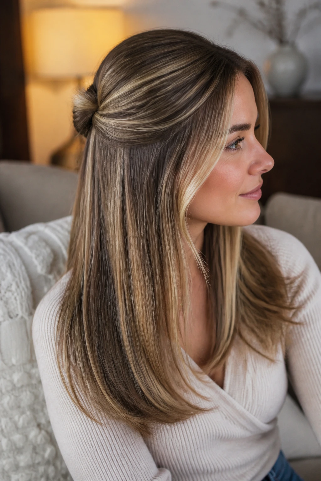 Three-quarter view of a real woman with a half-up twist and loose straight ends, babylights.